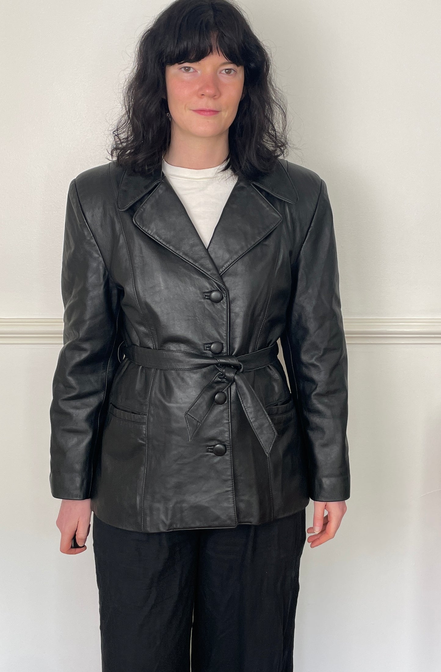 Vintage 90s Black Long Leather Jacket with Belt - Size 12
