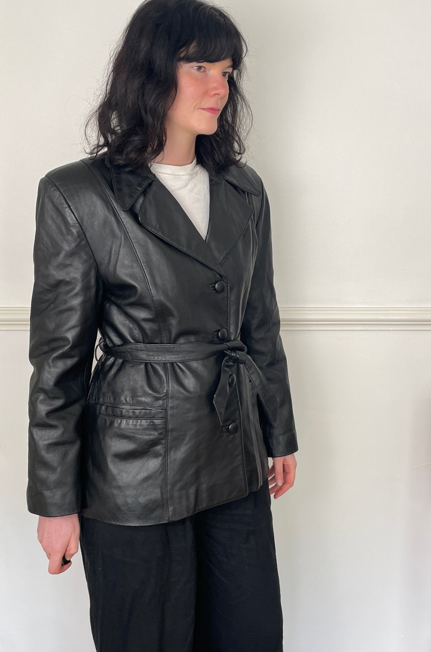 Vintage 90s Black Long Leather Jacket with Belt - Size 12