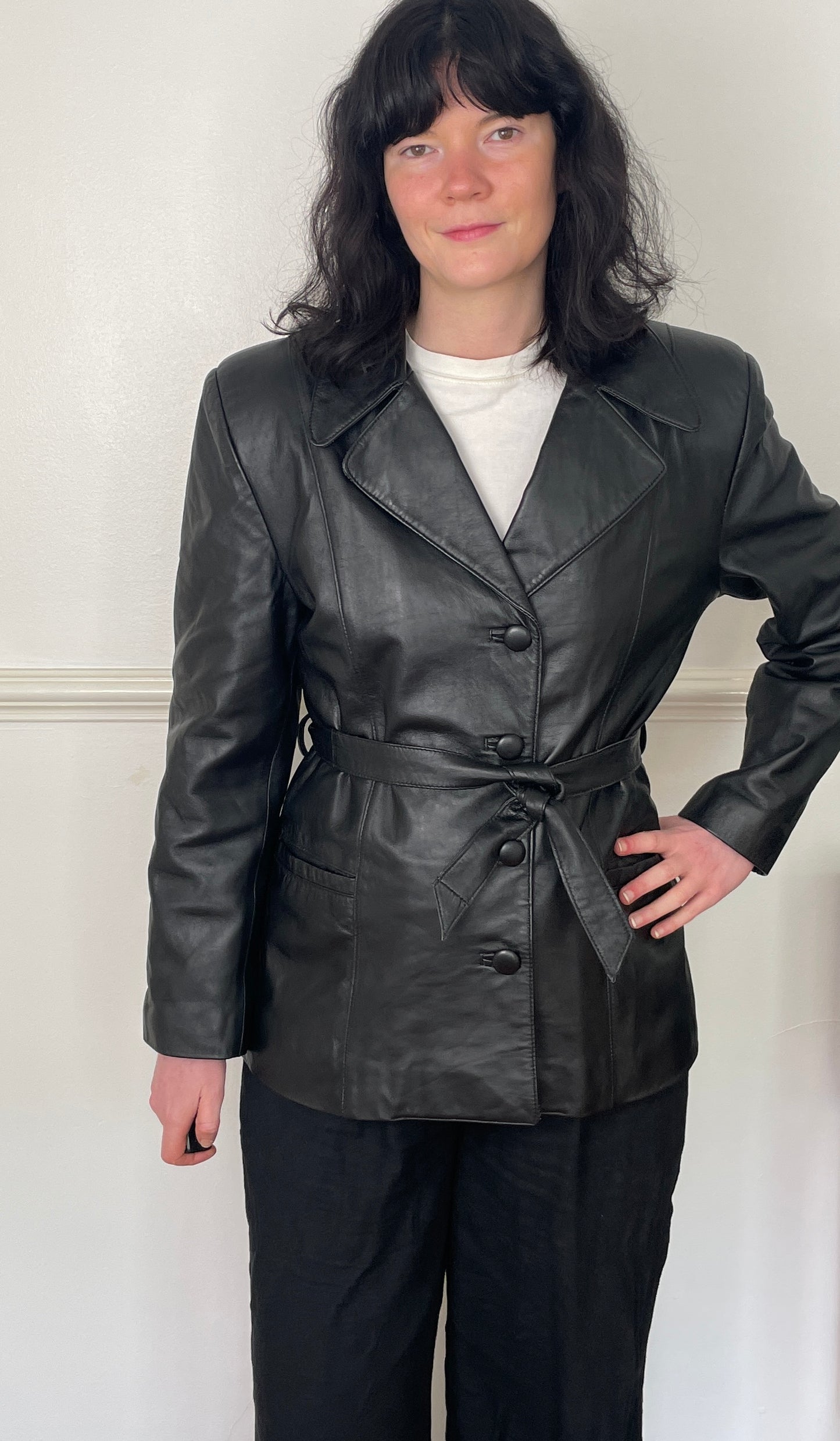Vintage 90s Black Long Leather Jacket with Belt - Size 12