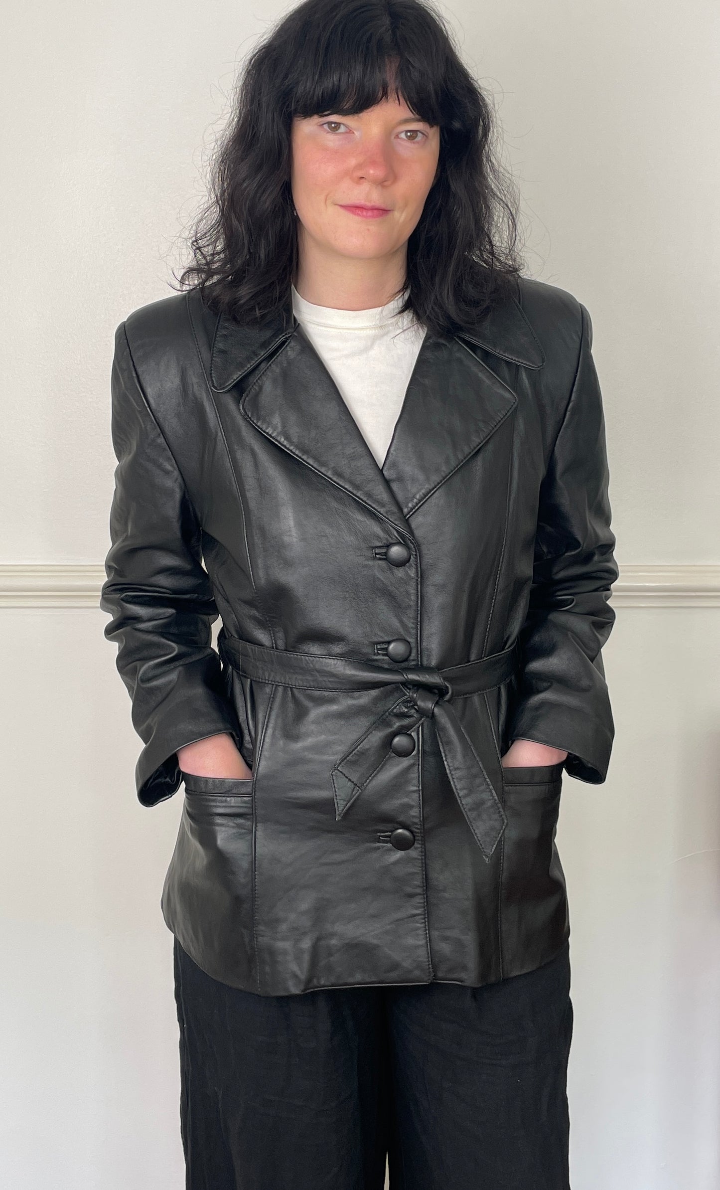 Vintage 90s Black Long Leather Jacket with Belt - Size 12