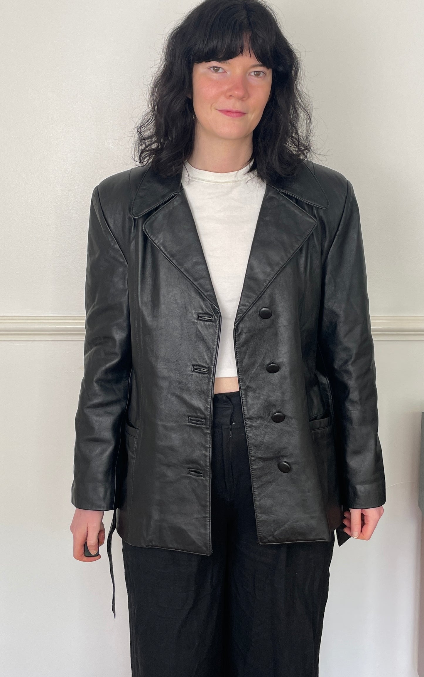 Vintage 90s Black Long Leather Jacket with Belt - Size 12