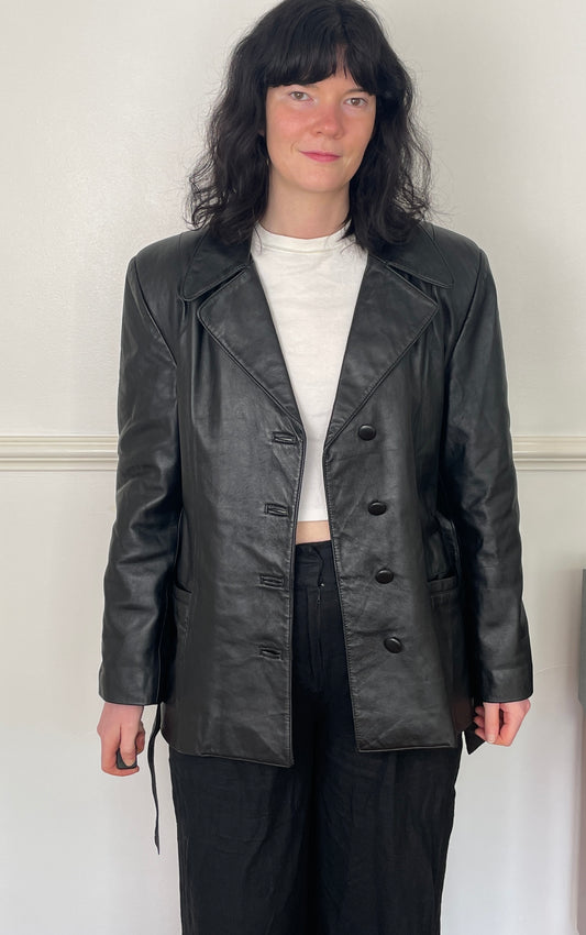 Vintage 90s Black Long Leather Jacket with Belt - Size 12
