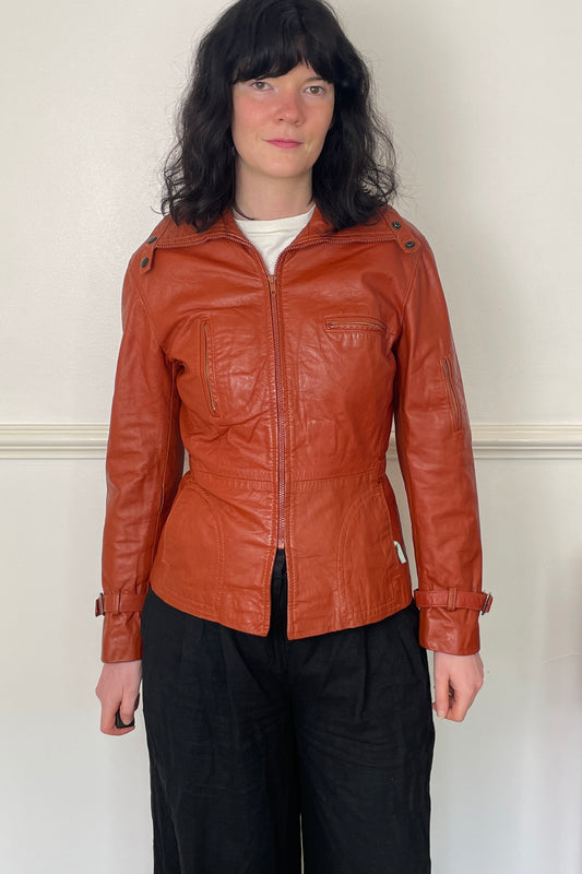 Vintage 90s Orange Utility Zip Up Leather Jacket - Size 10
