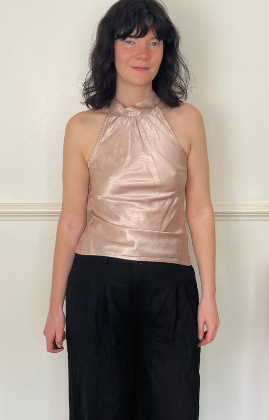 Vintage 90s Pale Pink Floral Satin Halter Neck Top - Size 10