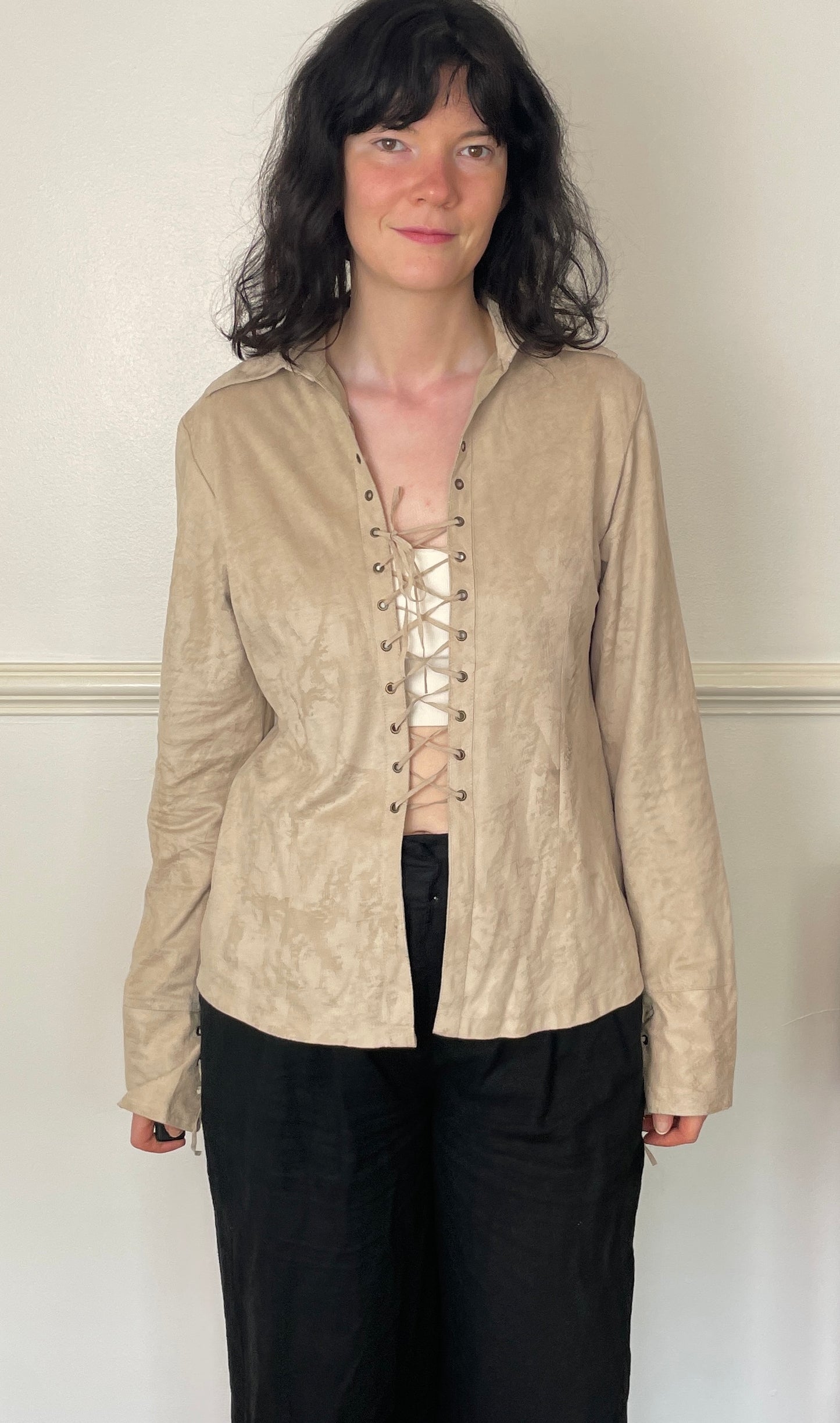 Vintage 90s Beige Faux Suede Lace Up Boho Shirt - Size 14