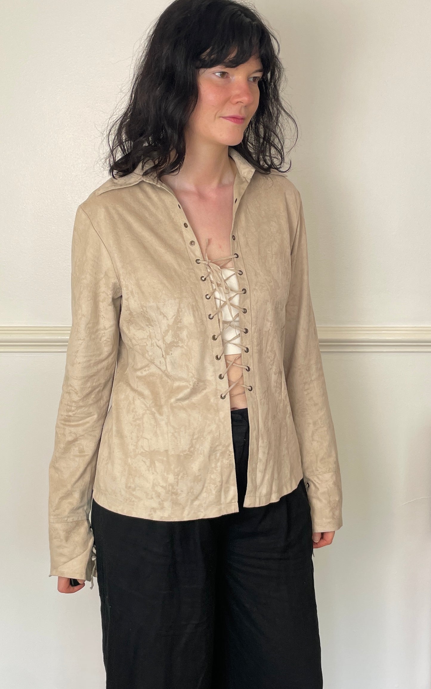 Vintage 90s Beige Faux Suede Lace Up Boho Shirt - Size 14