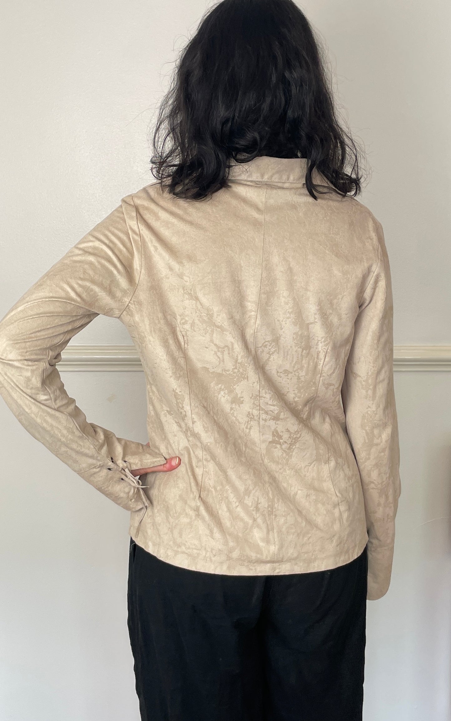 Vintage 90s Beige Faux Suede Lace Up Boho Shirt - Size 14