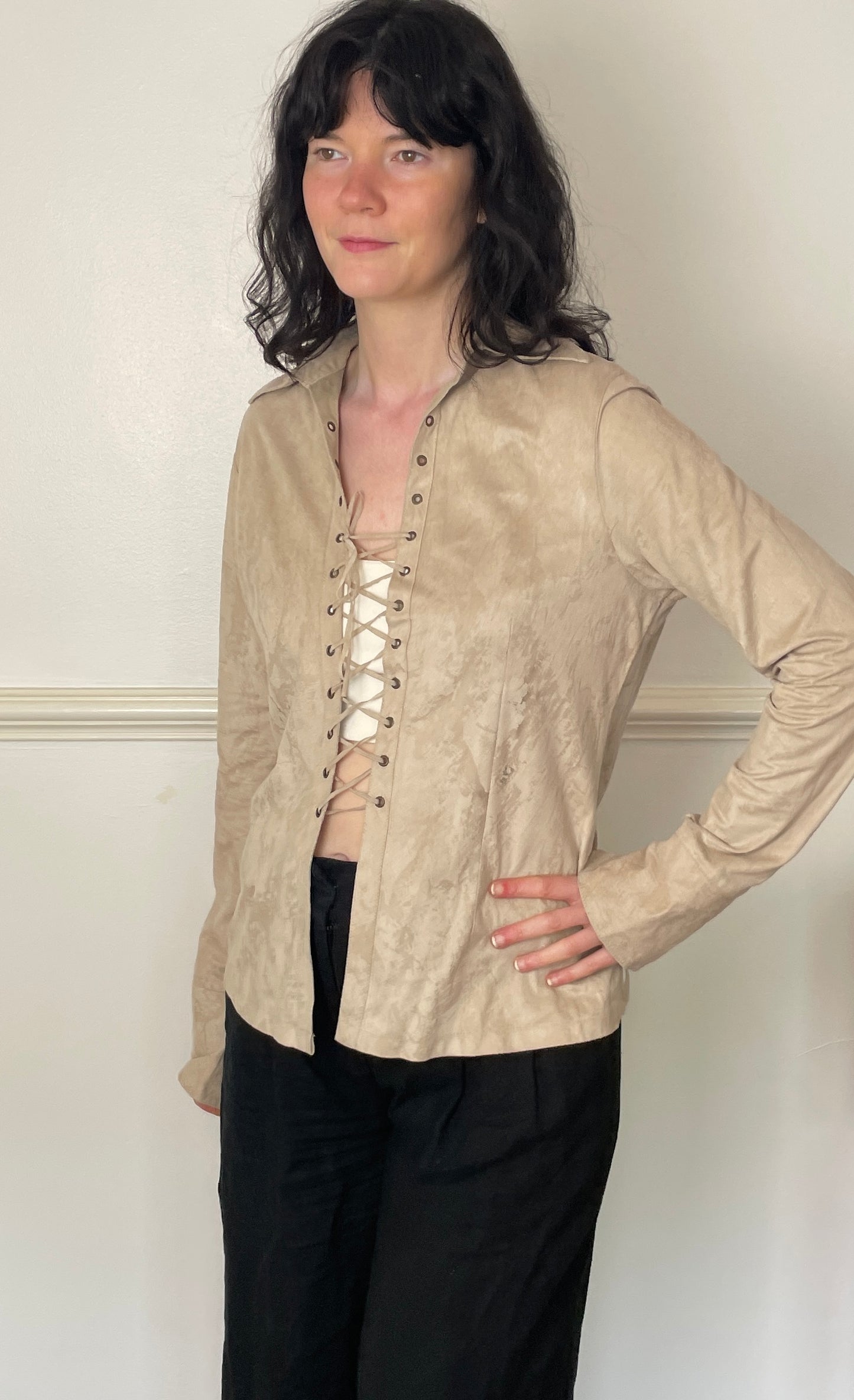 Vintage 90s Beige Faux Suede Lace Up Boho Shirt - Size 14