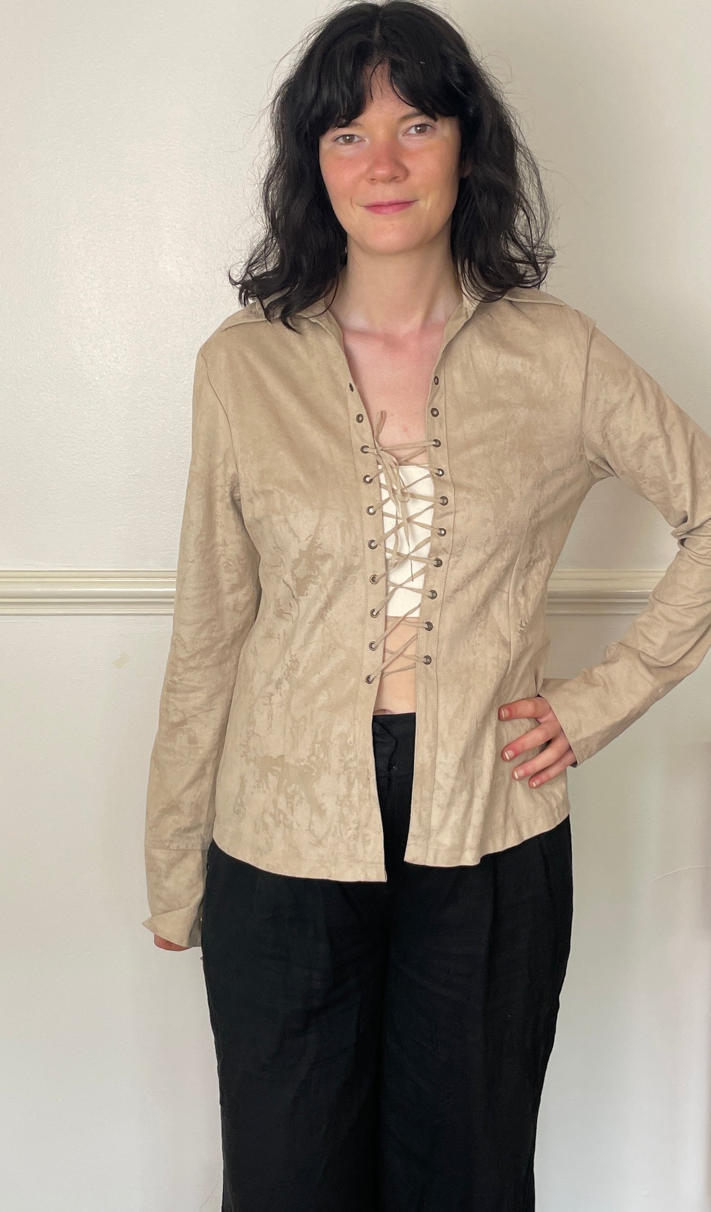 Vintage 90s Beige Faux Suede Lace Up Boho Shirt - Size 14