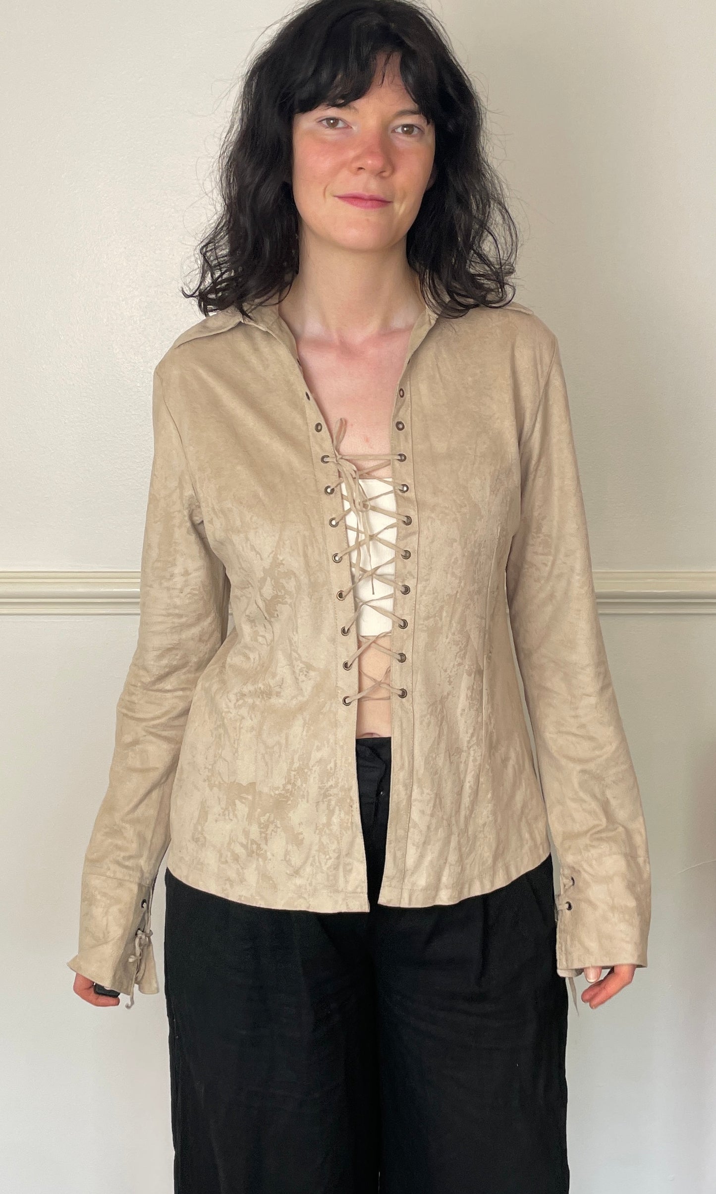 Vintage 90s Beige Faux Suede Lace Up Boho Shirt - Size 14