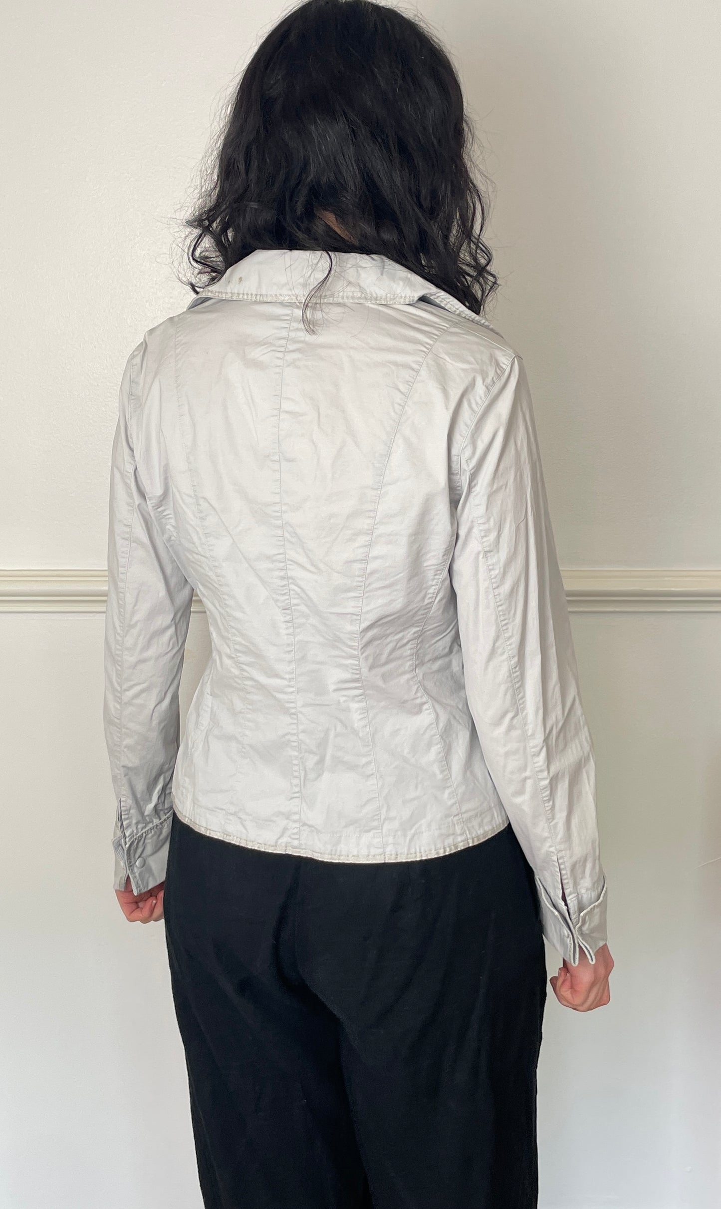 Vintage 90s Pale Grey Collared Wrap Shirt with Buckle - Size 12