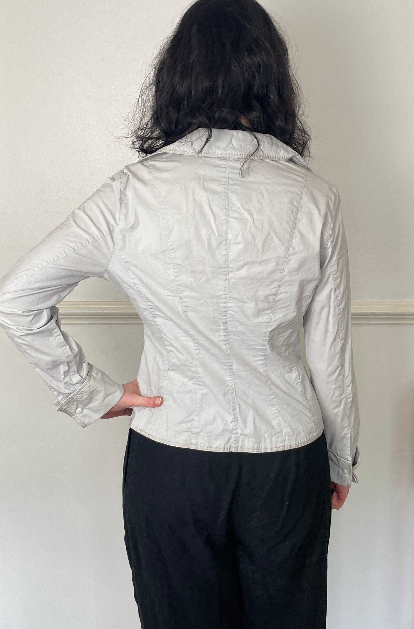 Vintage 90s Pale Grey Collared Wrap Shirt with Buckle - Size 12