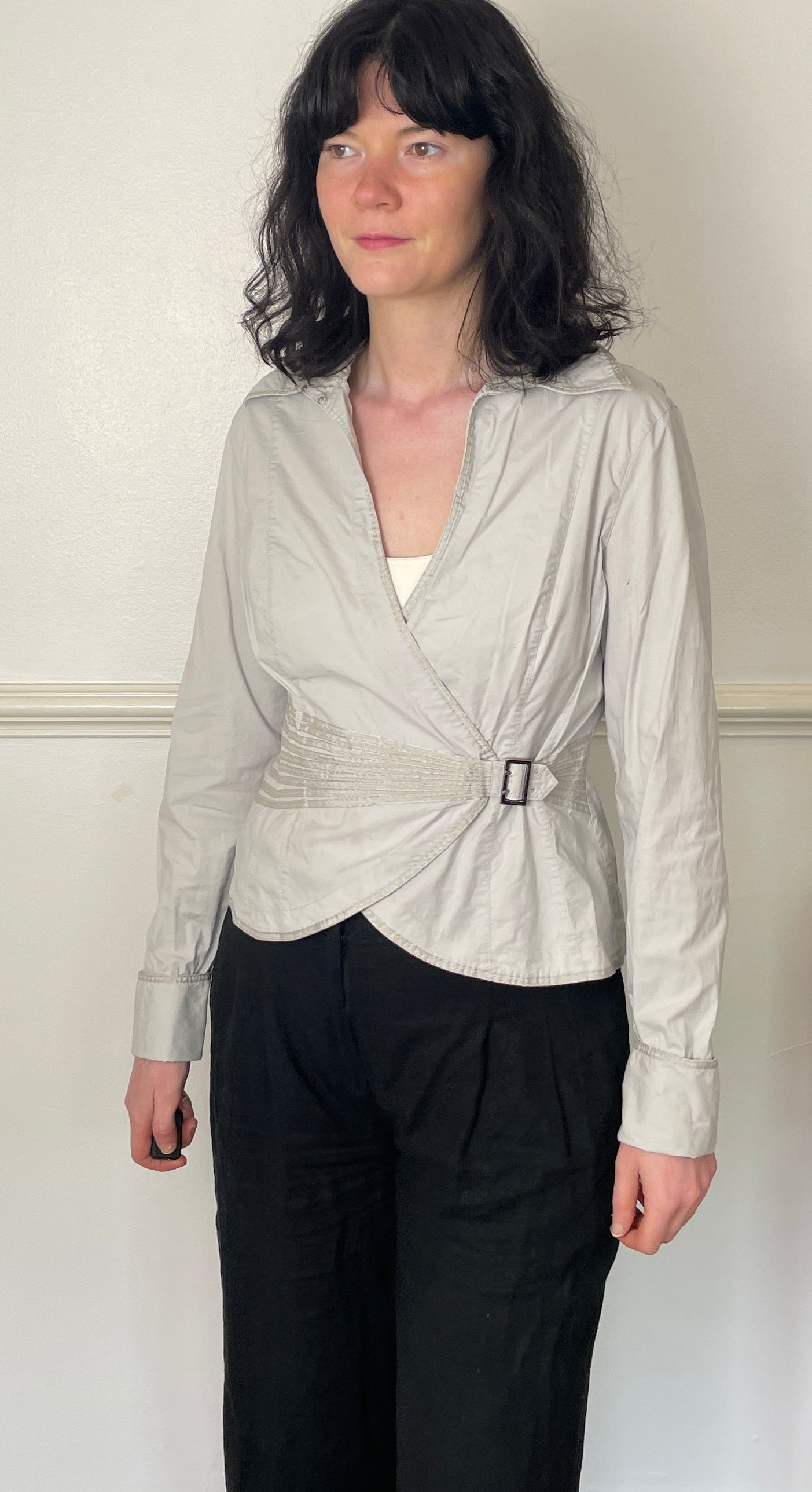 Vintage 90s Pale Grey Collared Wrap Shirt with Buckle - Size 12
