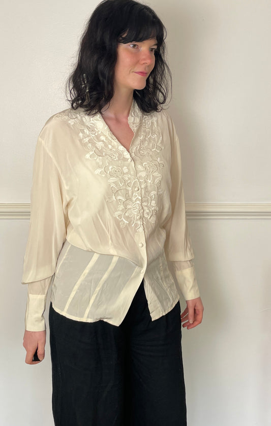 Vintage 90s White Silk Floral Embroidered Collarless Blouse - Size 12