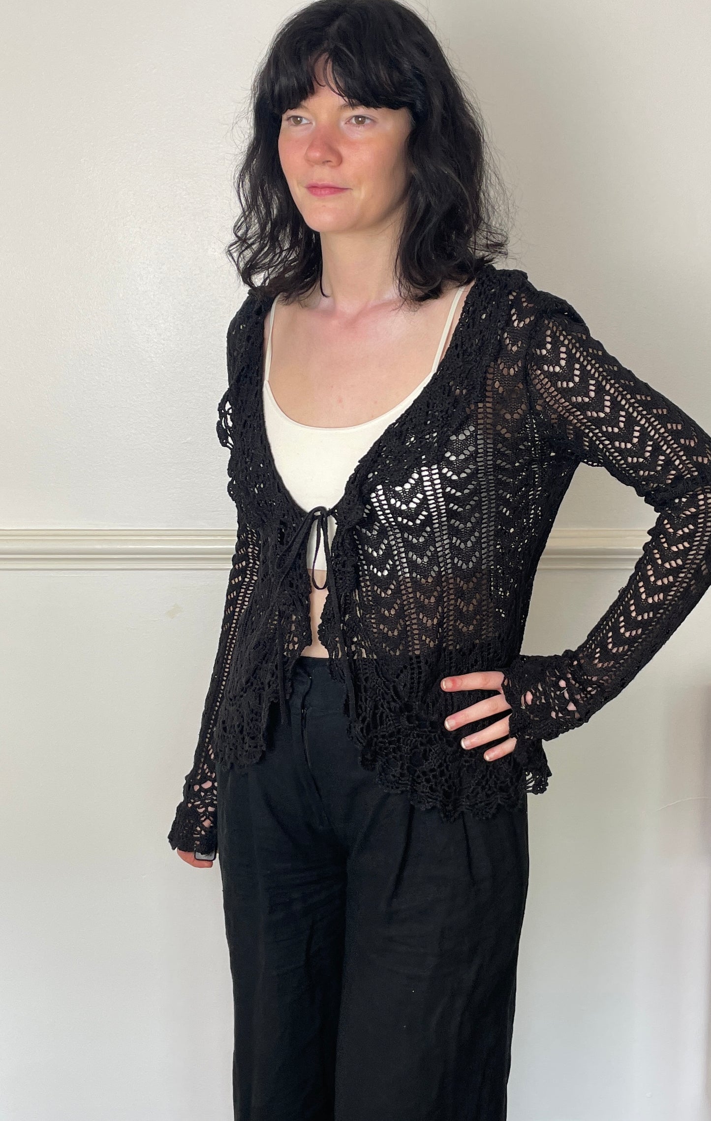Vintage 90s Dark Brown Crochet Ruffle Tie Front Cardigan - Size 12