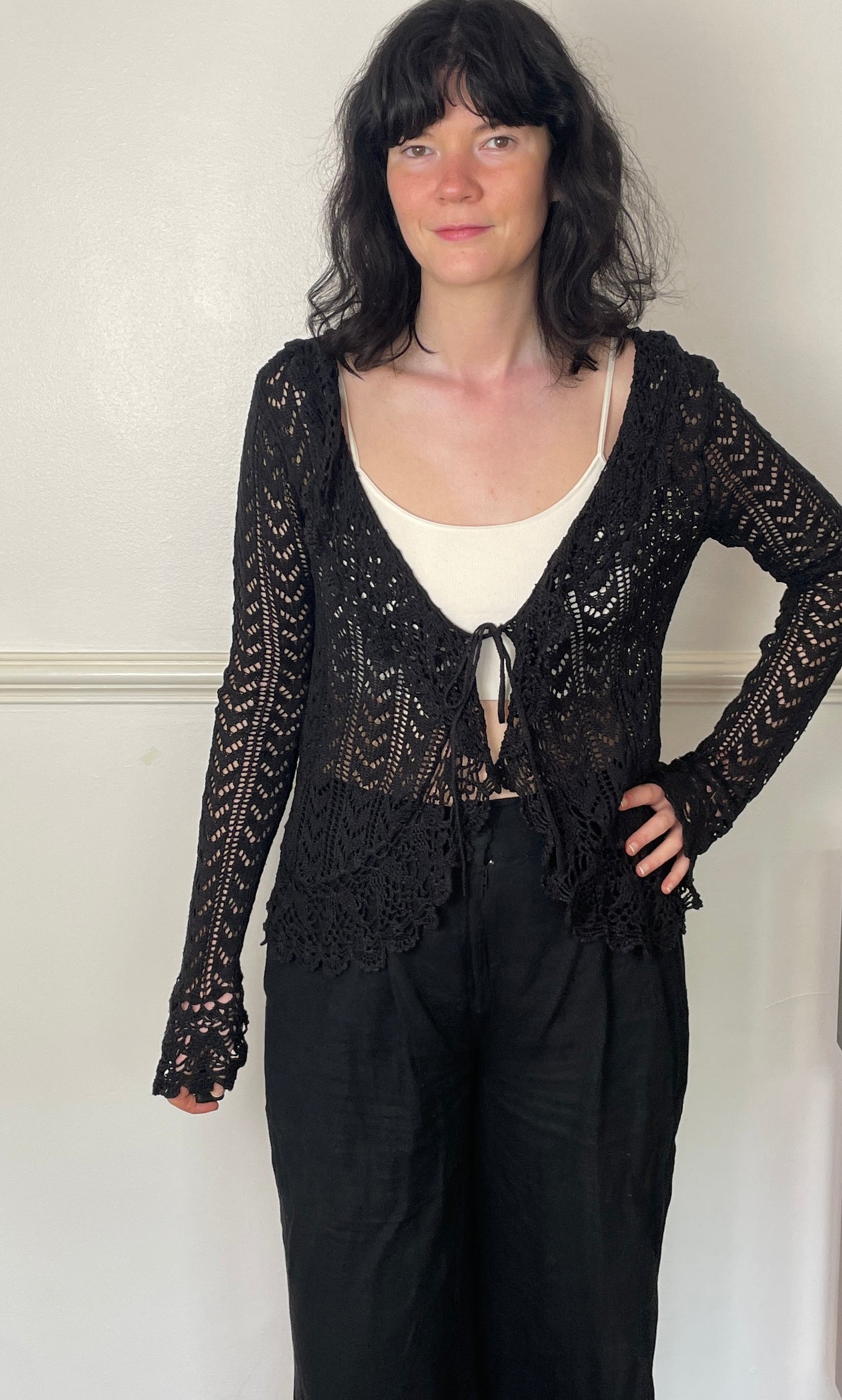 Vintage 90s Dark Brown Crochet Ruffle Tie Front Cardigan - Size 12