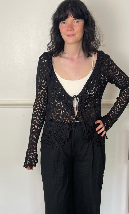Vintage 90s Dark Brown Crochet Ruffle Tie Front Cardigan - Size 12