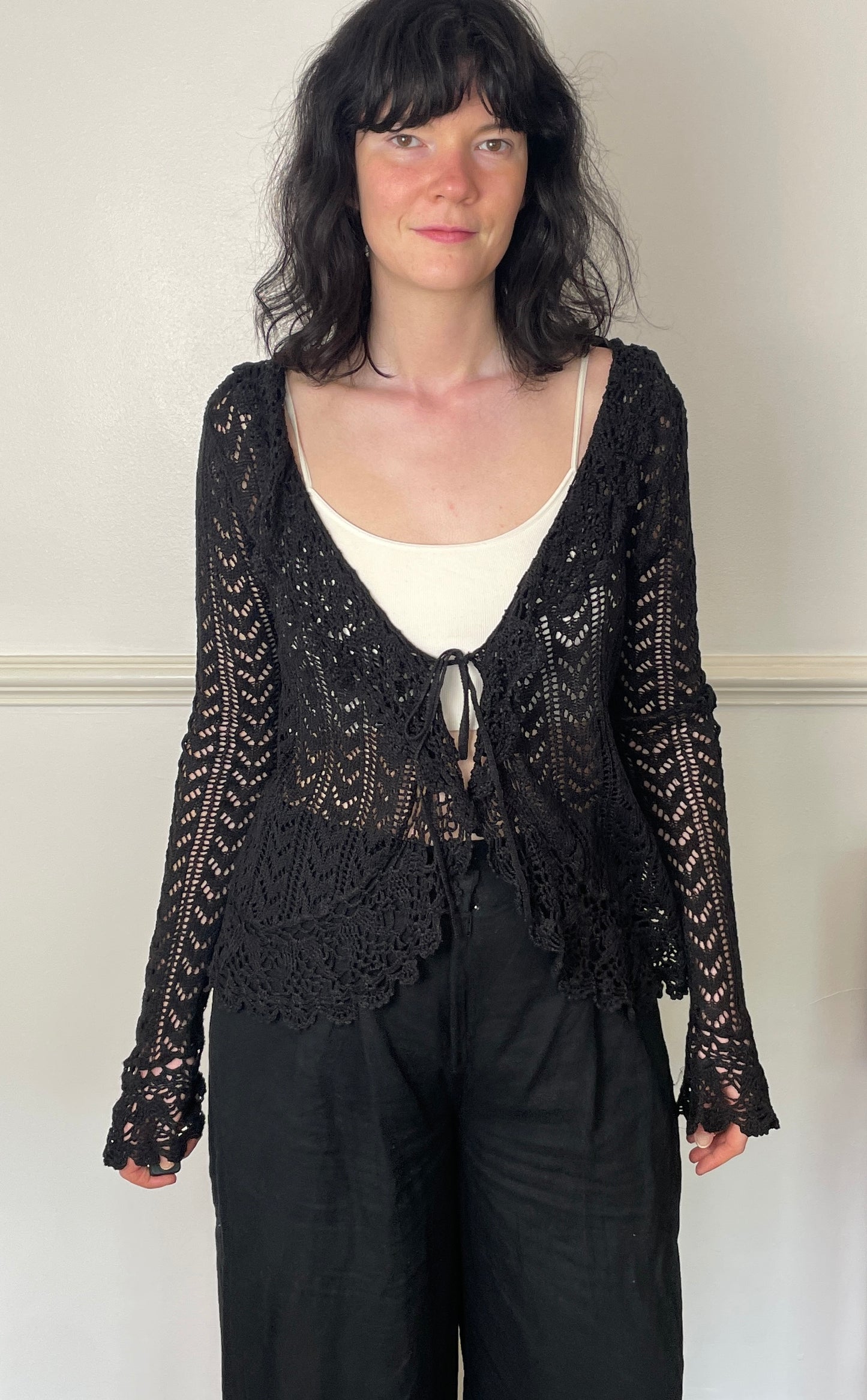 Vintage 90s Dark Brown Crochet Ruffle Tie Front Cardigan - Size 12
