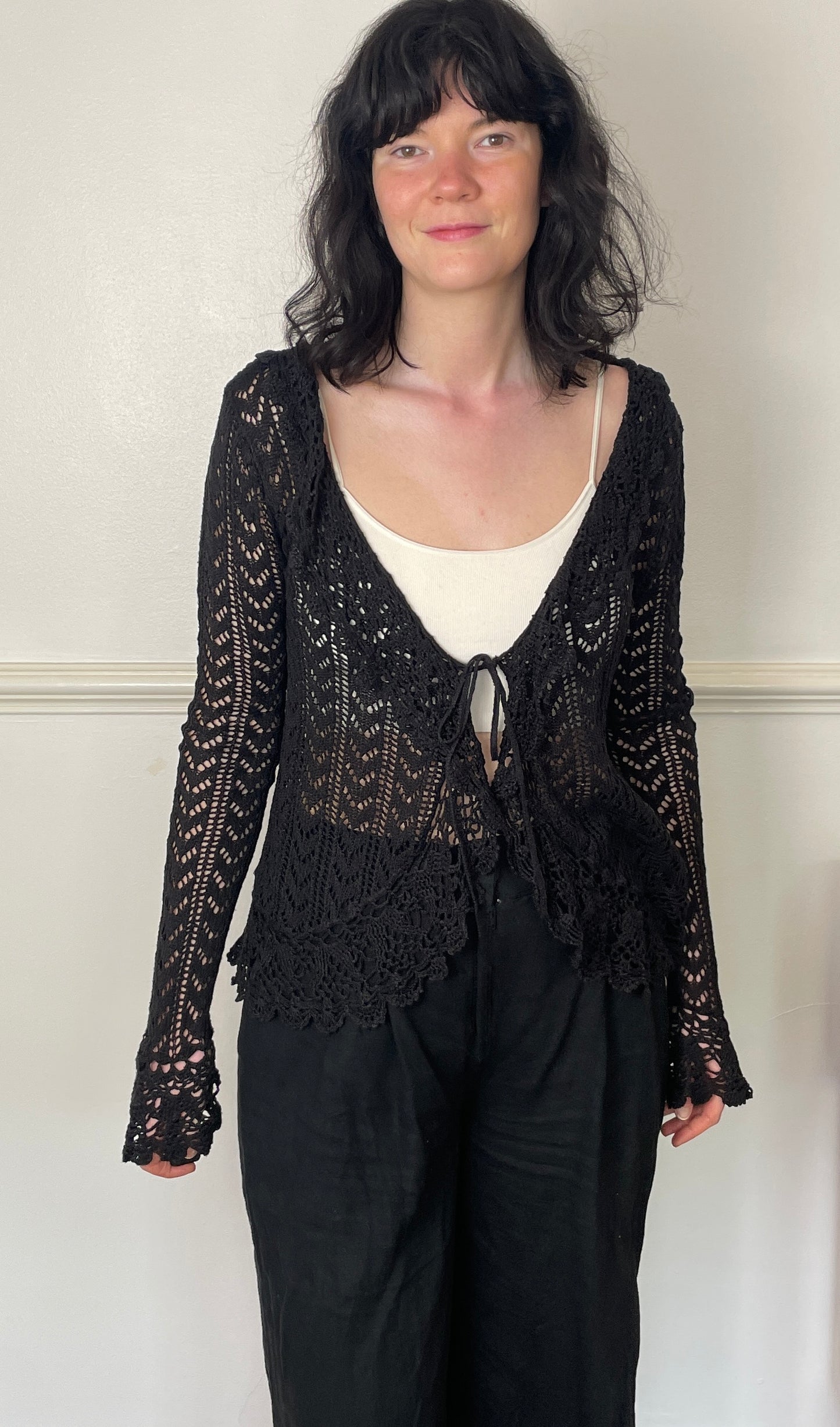 Vintage 90s Dark Brown Crochet Ruffle Tie Front Cardigan - Size 12
