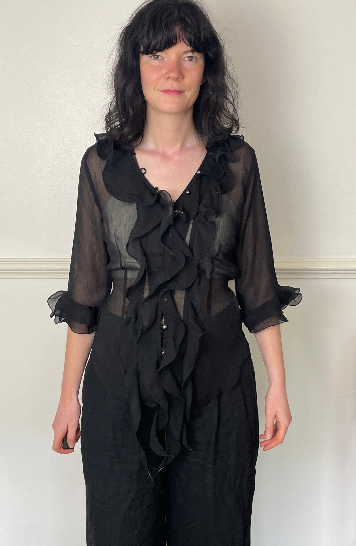 Vintage 90s Black Chiffon Ruffle Blouse with Waist Tie - Size 12