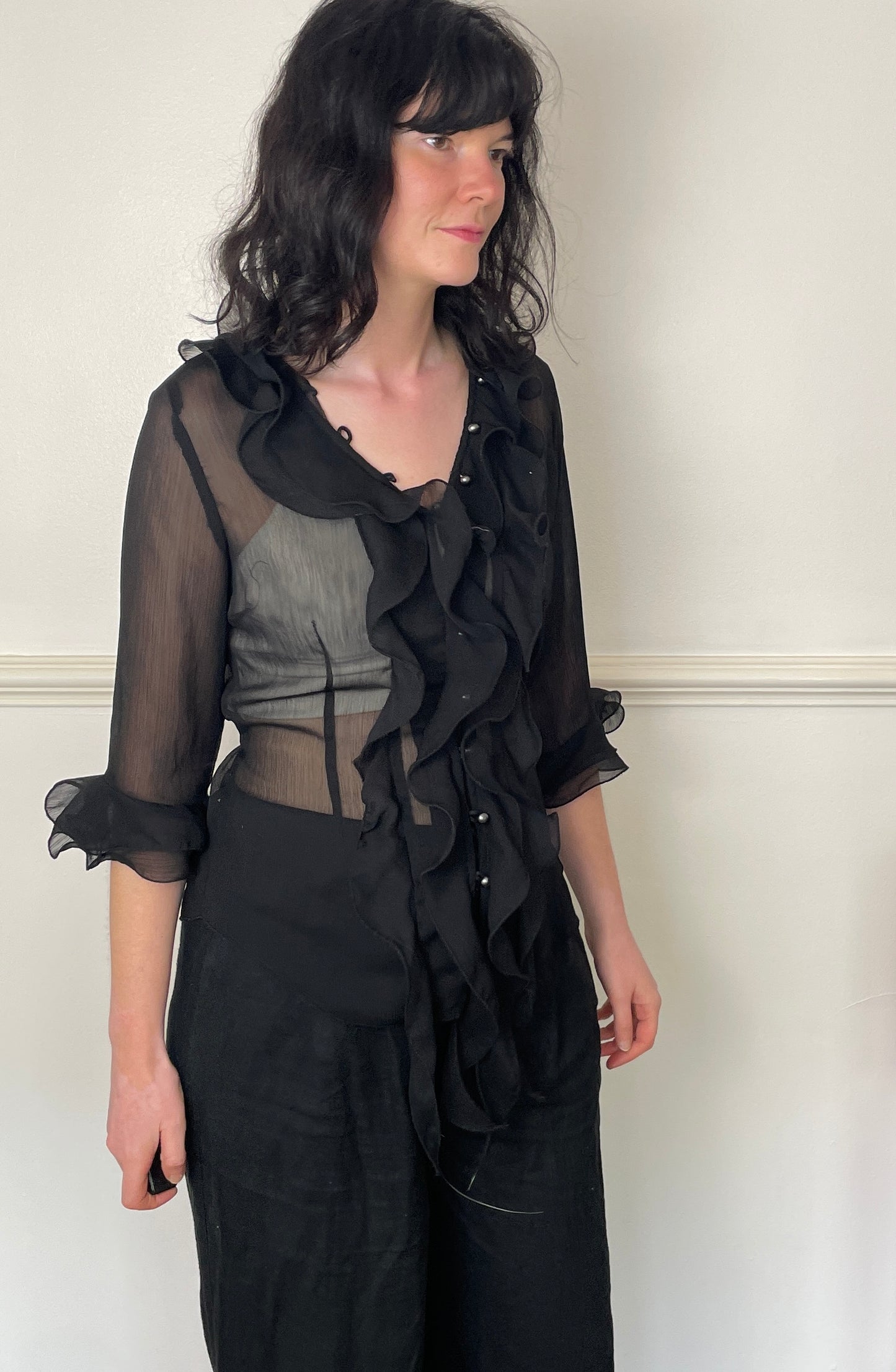 Vintage 90s Black Chiffon Ruffle Blouse with Waist Tie - Size 12