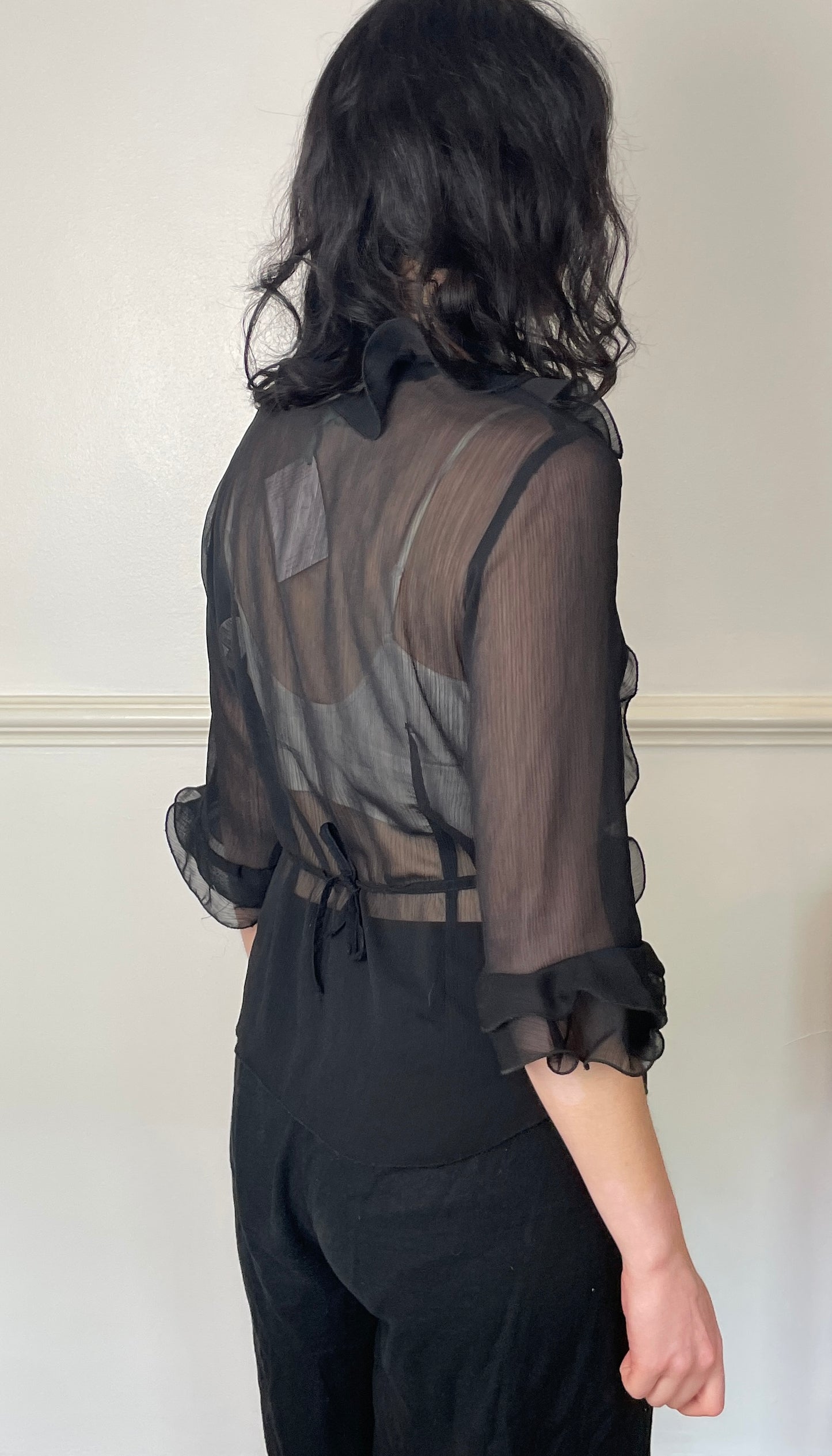 Vintage 90s Black Chiffon Ruffle Blouse with Waist Tie - Size 12
