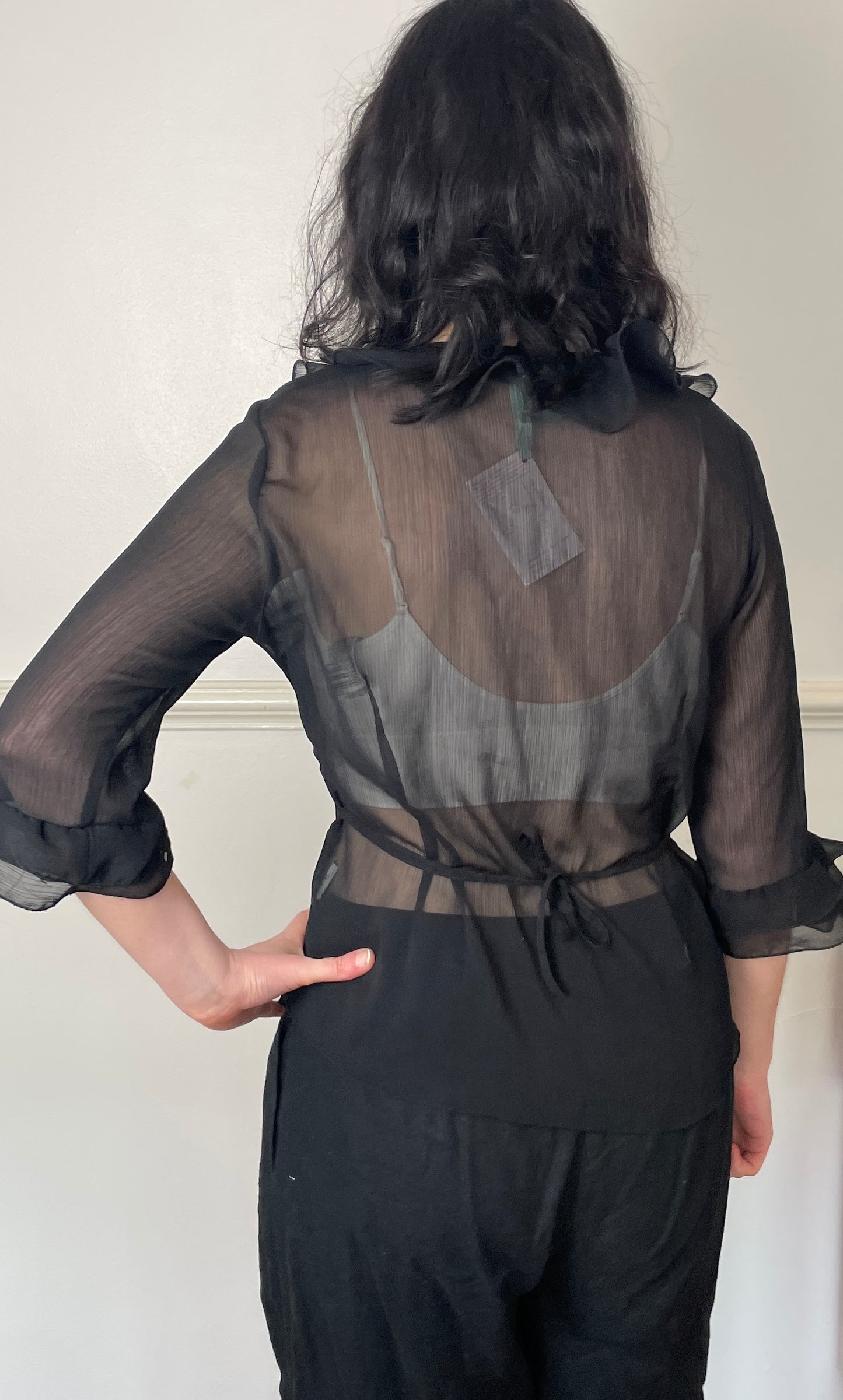 Vintage 90s Black Chiffon Ruffle Blouse with Waist Tie - Size 12