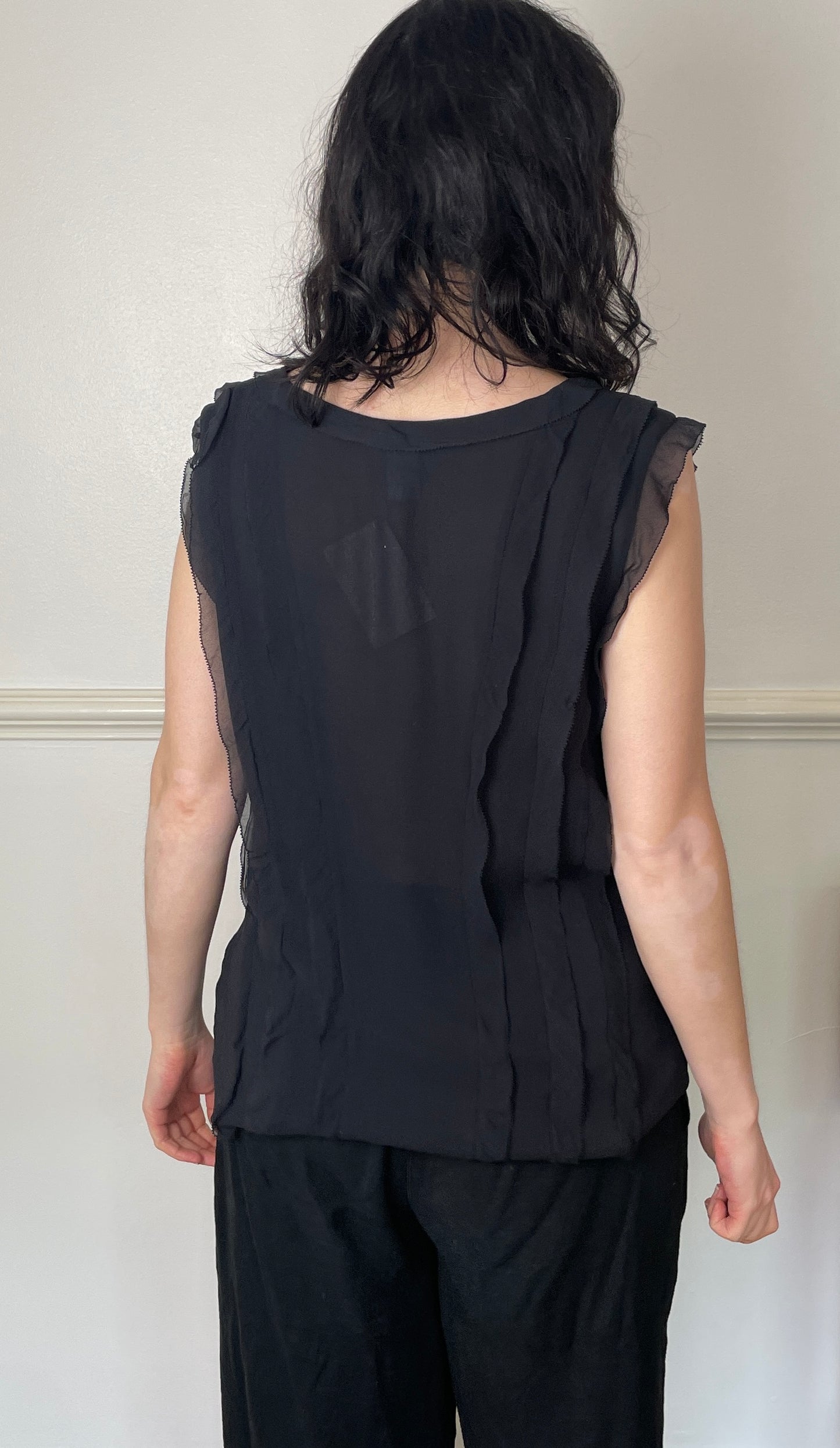 Vintage 90s Black Silk Chiffon Ruffle Sleeveless Top - Size 12
