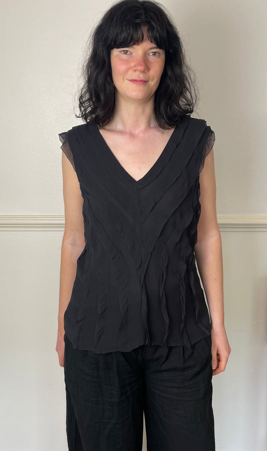 Vintage 90s Black Silk Chiffon Ruffle Sleeveless Top - Size 12