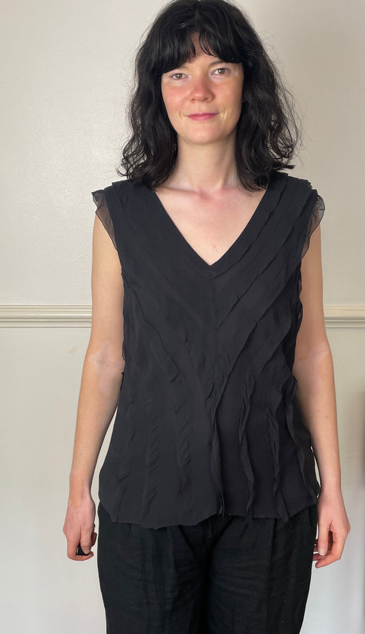 Vintage 90s Black Silk Chiffon Ruffle Sleeveless Top - Size 12
