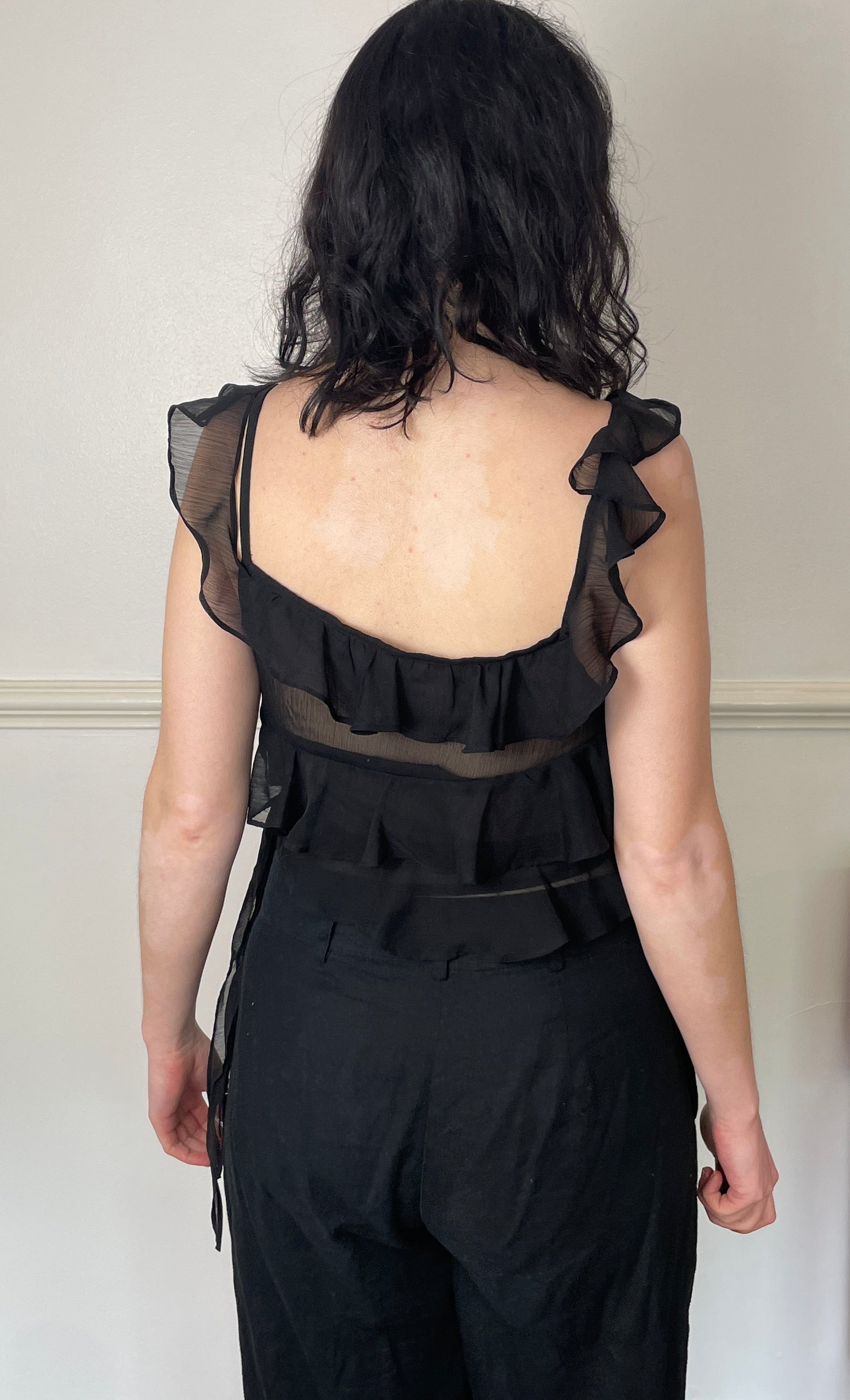 Vintage Y2K Black Chiffon Asymmetric Ruffle Cami Vest Top - Size 10