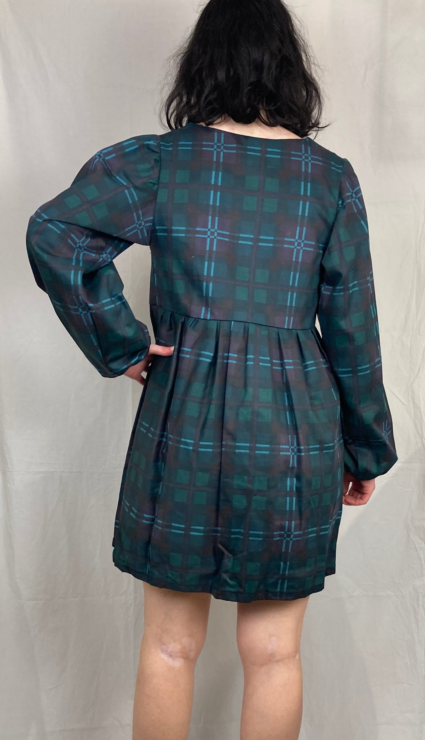 Ella Handmade Green Tartan Tie Front Puff Sleeve Mini Dress - Up To Size 10