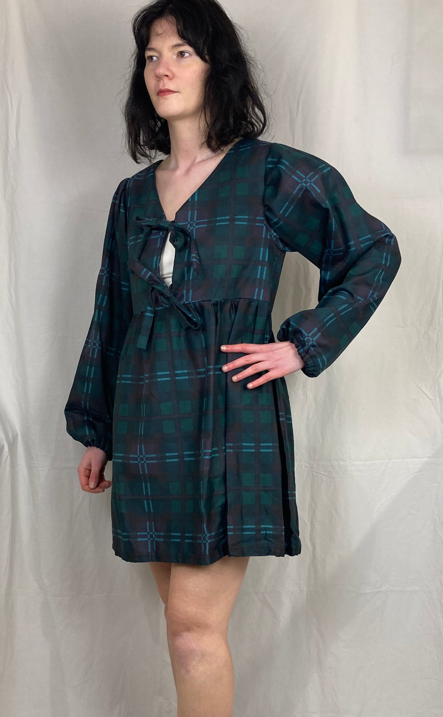 Ella Handmade Green Tartan Tie Front Puff Sleeve Mini Dress - Up To Size 10