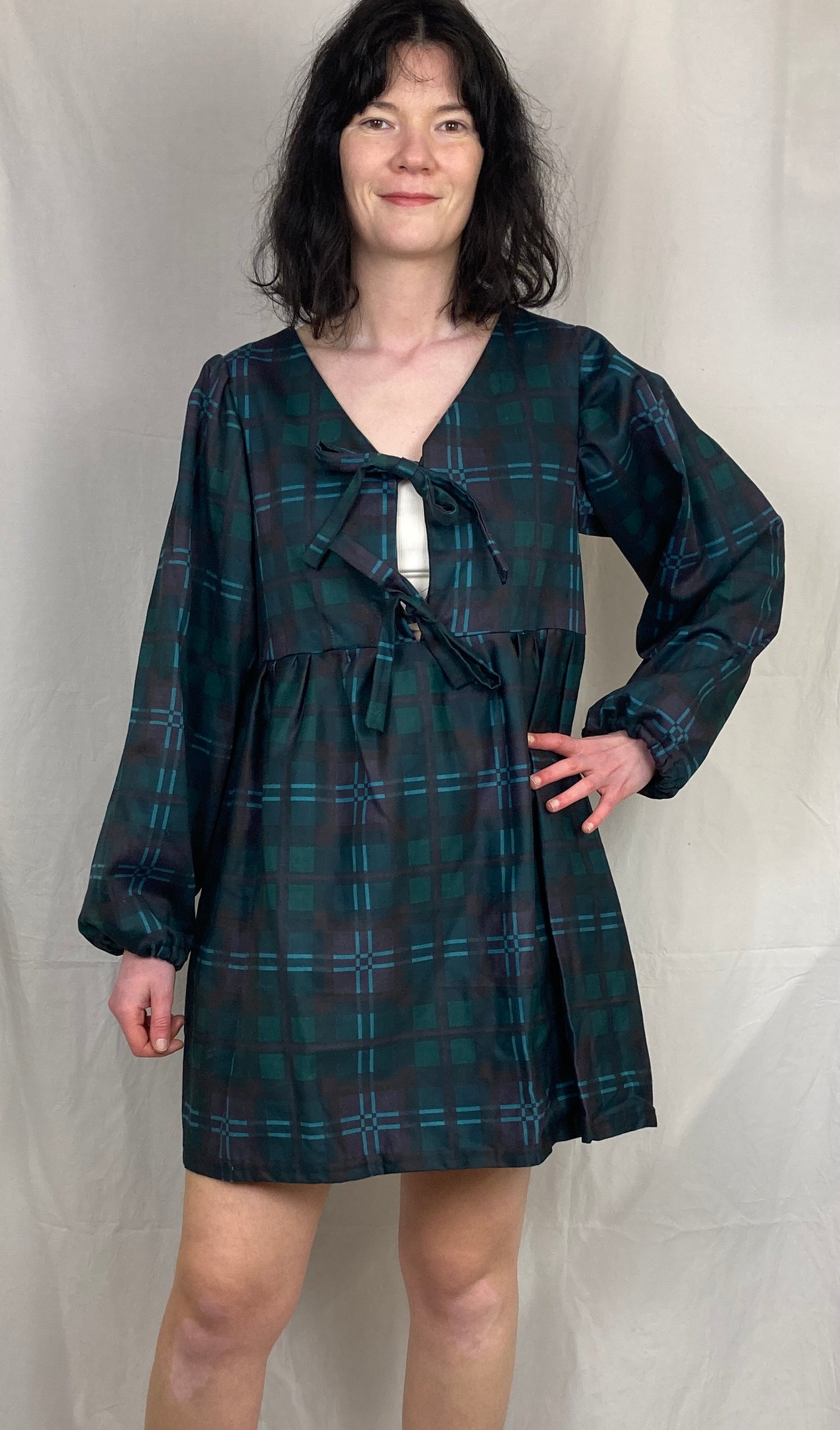Ella Handmade Green Tartan Tie Front Puff Sleeve Mini Dress - Up To Size 10