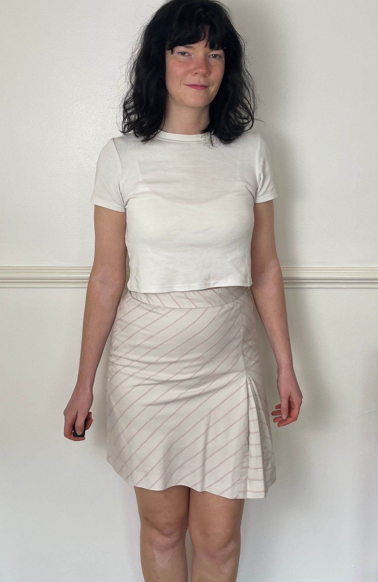 Vintage Y2K Pink Pinstriped Pleat Front Midi Skirt - Size 8