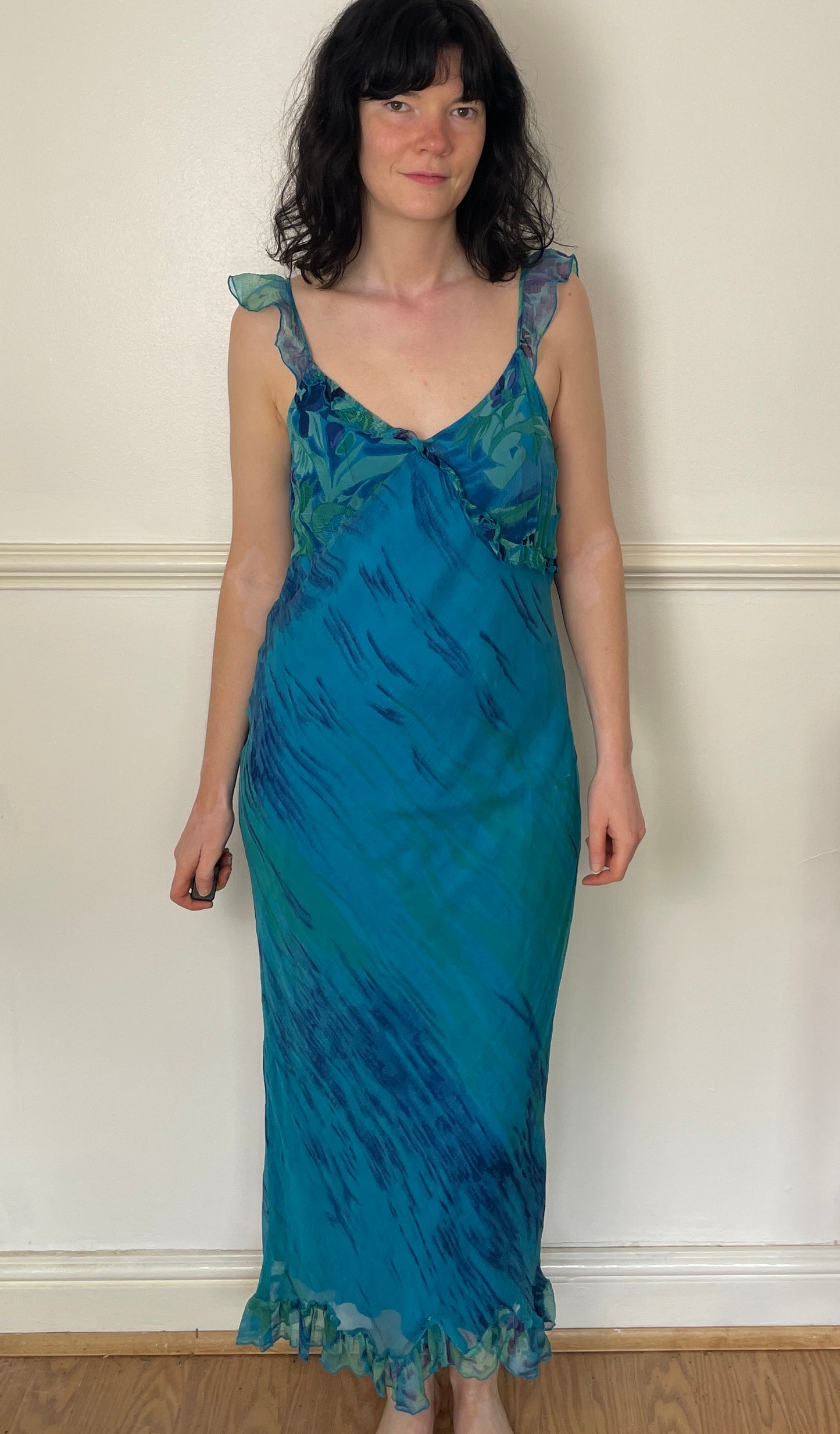 Vintage Y2K Blue Chiffon Printed Bias Cut Ruffle Hem Maxi Slip Dress - Size 12