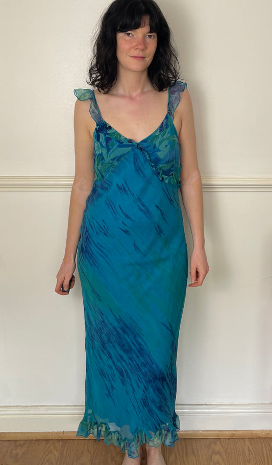 Vintage Y2K Blue Chiffon Printed Bias Cut Ruffle Hem Maxi Slip Dress - Size 12