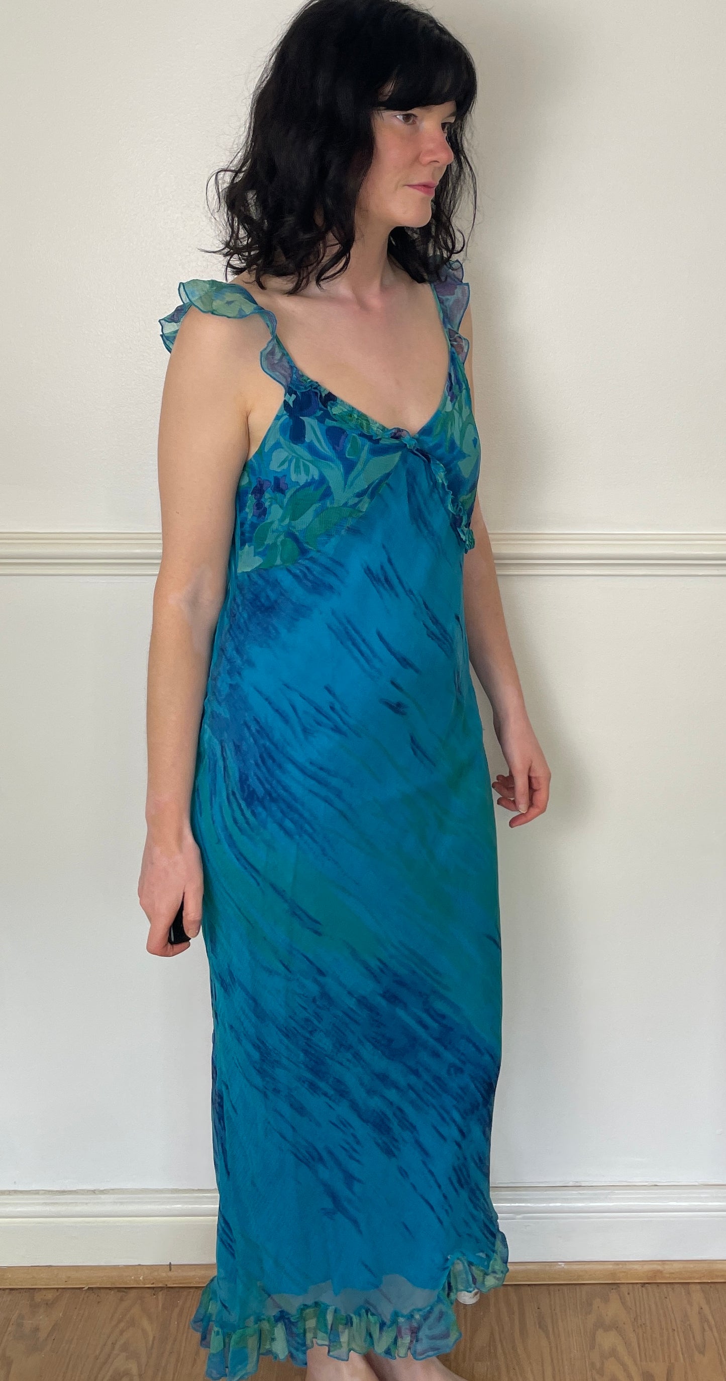 Vintage Y2K Blue Chiffon Printed Bias Cut Ruffle Hem Maxi Slip Dress - Size 12