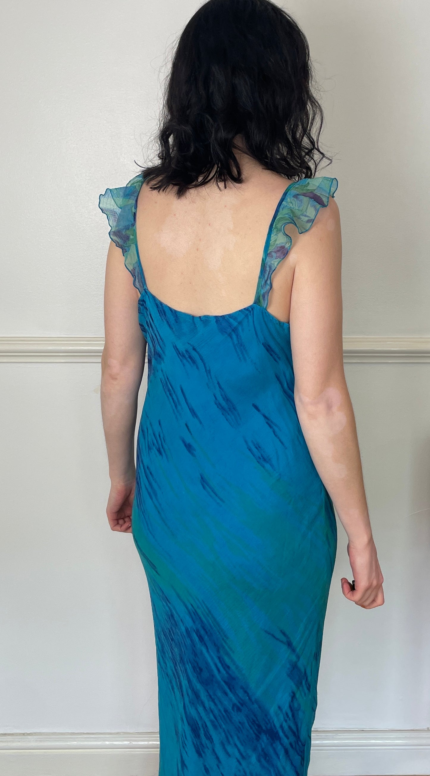 Vintage Y2K Blue Chiffon Printed Bias Cut Ruffle Hem Maxi Slip Dress - Size 12