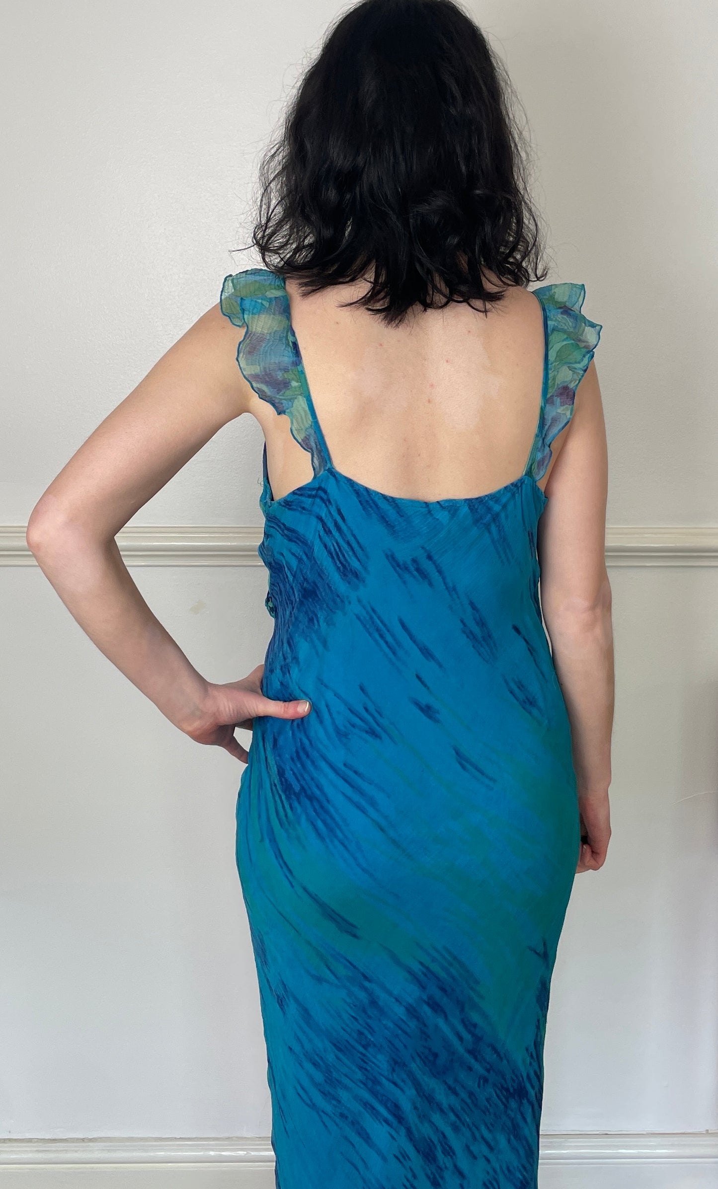 Vintage Y2K Blue Chiffon Printed Bias Cut Ruffle Hem Maxi Slip Dress - Size 12