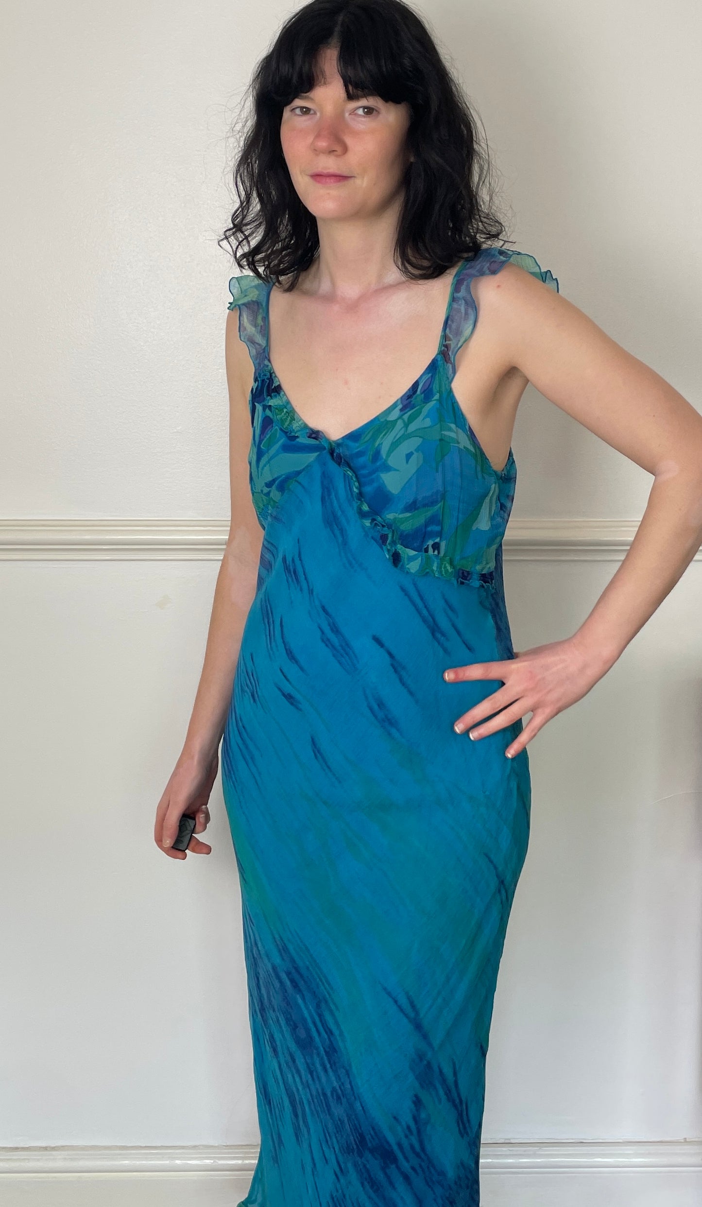 Vintage Y2K Blue Chiffon Printed Bias Cut Ruffle Hem Maxi Slip Dress - Size 12