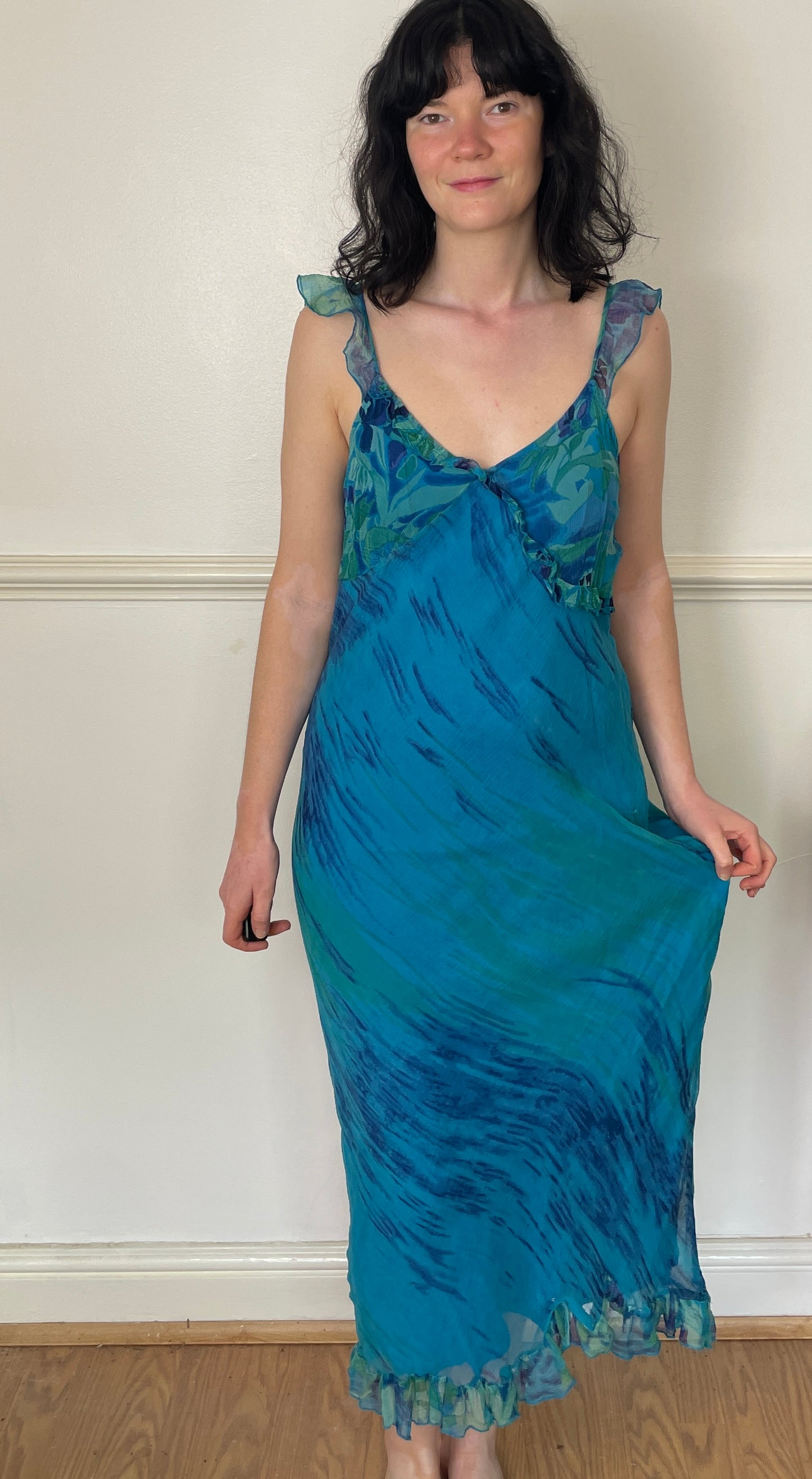 Vintage Y2K Blue Chiffon Printed Bias Cut Ruffle Hem Maxi Slip Dress - Size 12