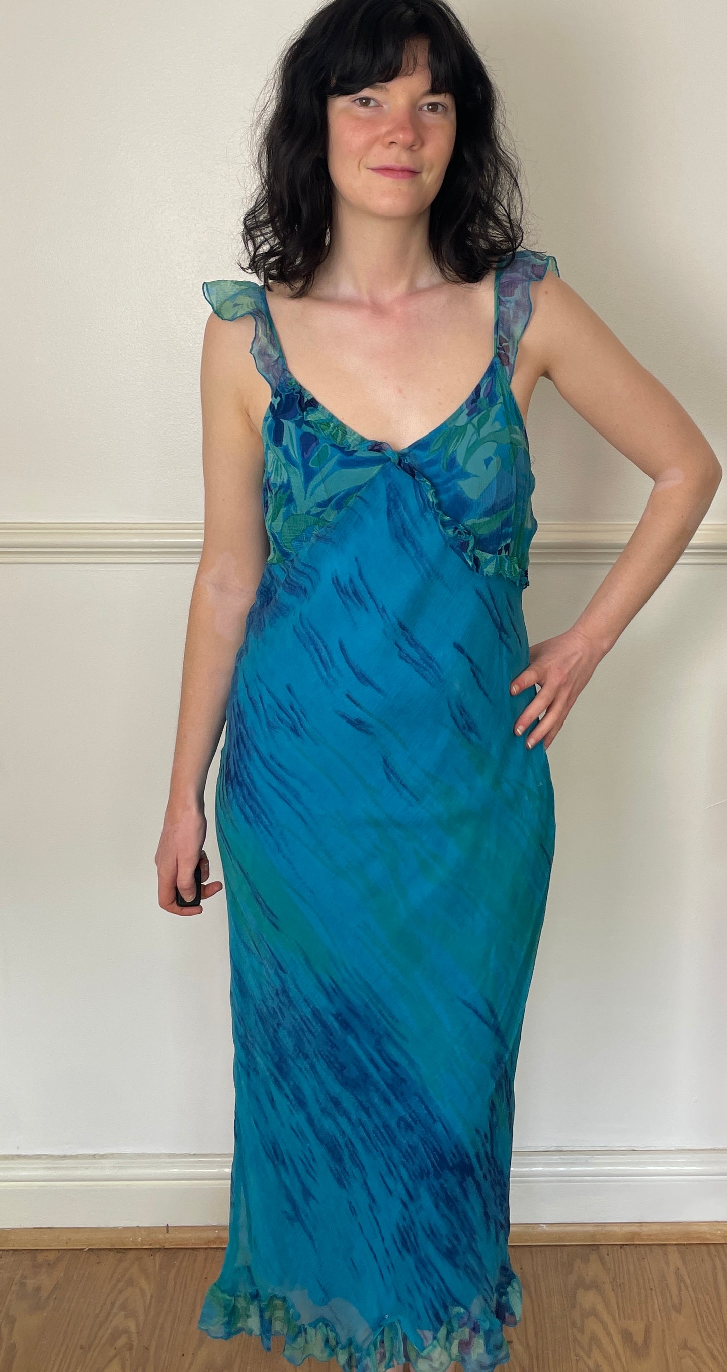 Vintage Y2K Blue Chiffon Printed Bias Cut Ruffle Hem Maxi Slip Dress - Size 12
