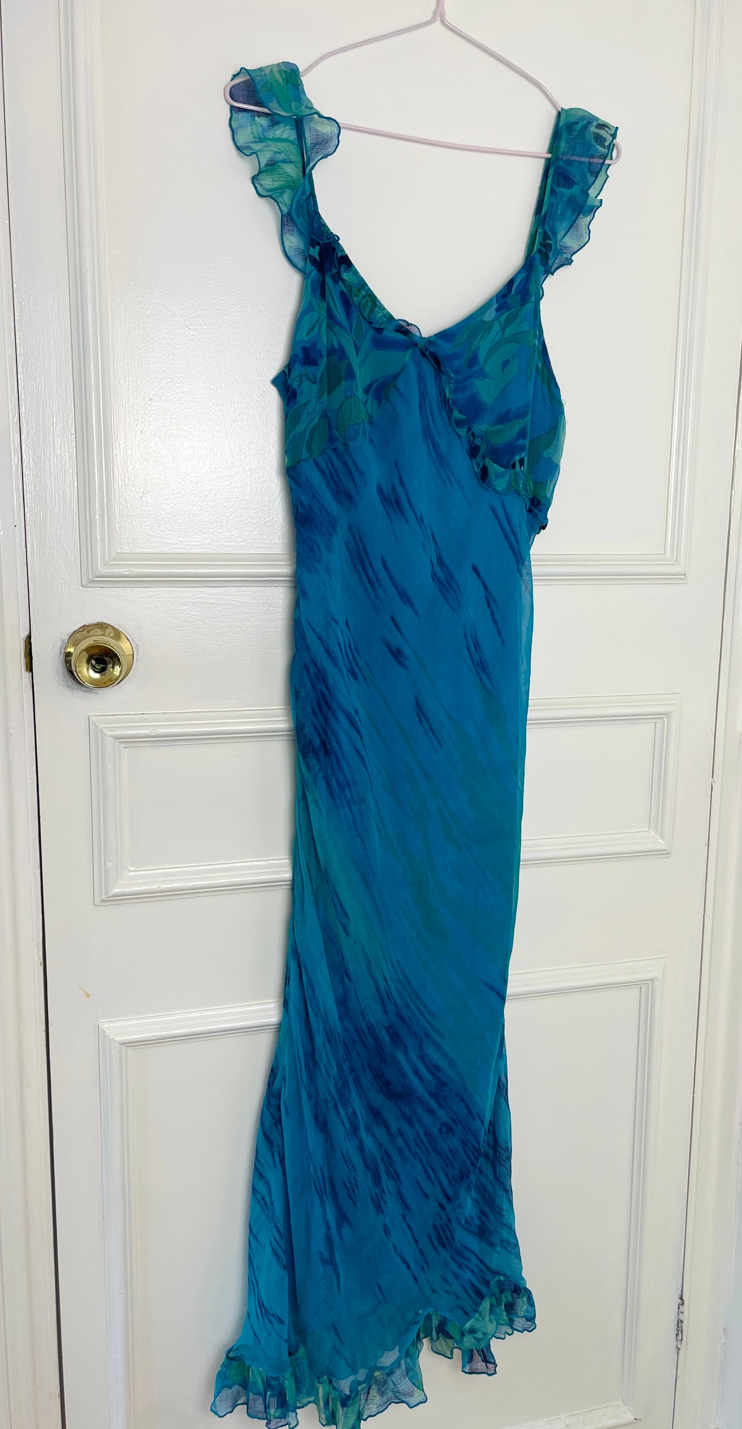 Vintage Y2K Blue Chiffon Printed Bias Cut Ruffle Hem Maxi Slip Dress - Size 12