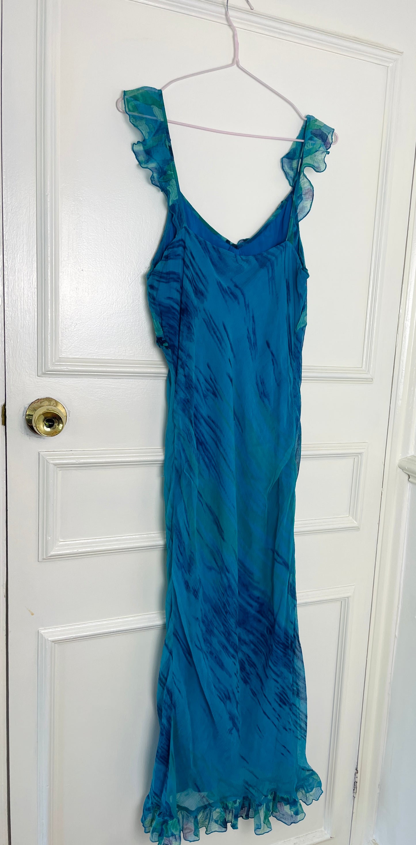 Vintage Y2K Blue Chiffon Printed Bias Cut Ruffle Hem Maxi Slip Dress - Size 12