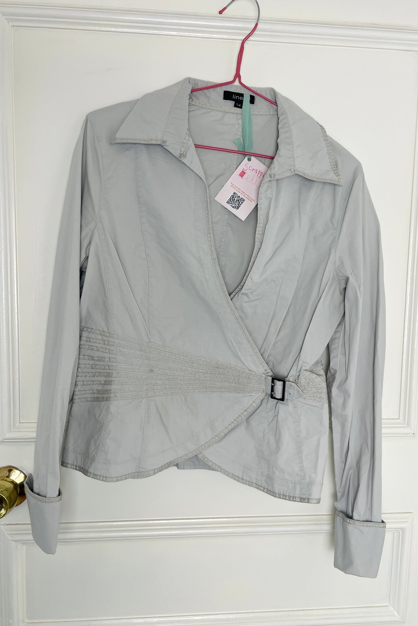 Vintage 90s Pale Grey Collared Wrap Shirt with Buckle - Size 12