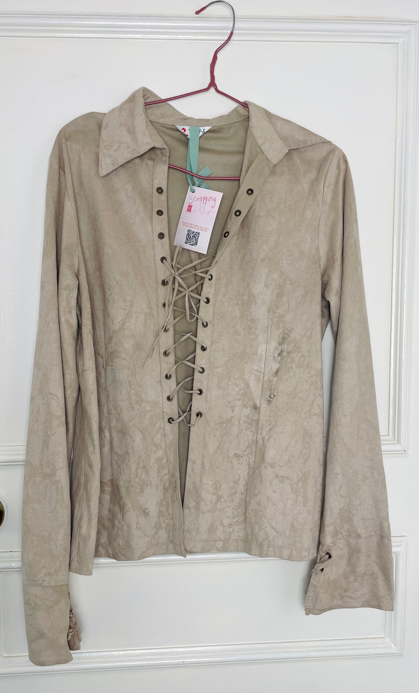 Vintage 90s Beige Faux Suede Lace Up Boho Shirt - Size 14