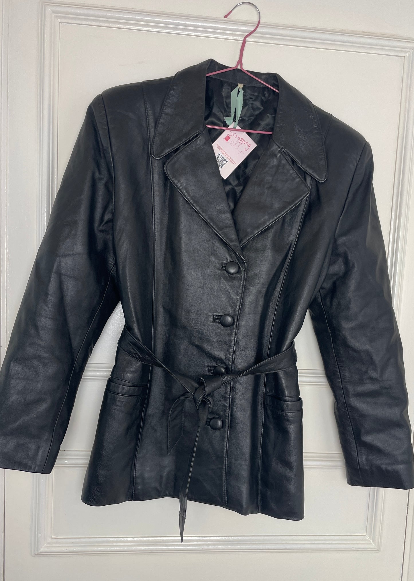 Vintage 90s Black Long Leather Jacket with Belt - Size 12