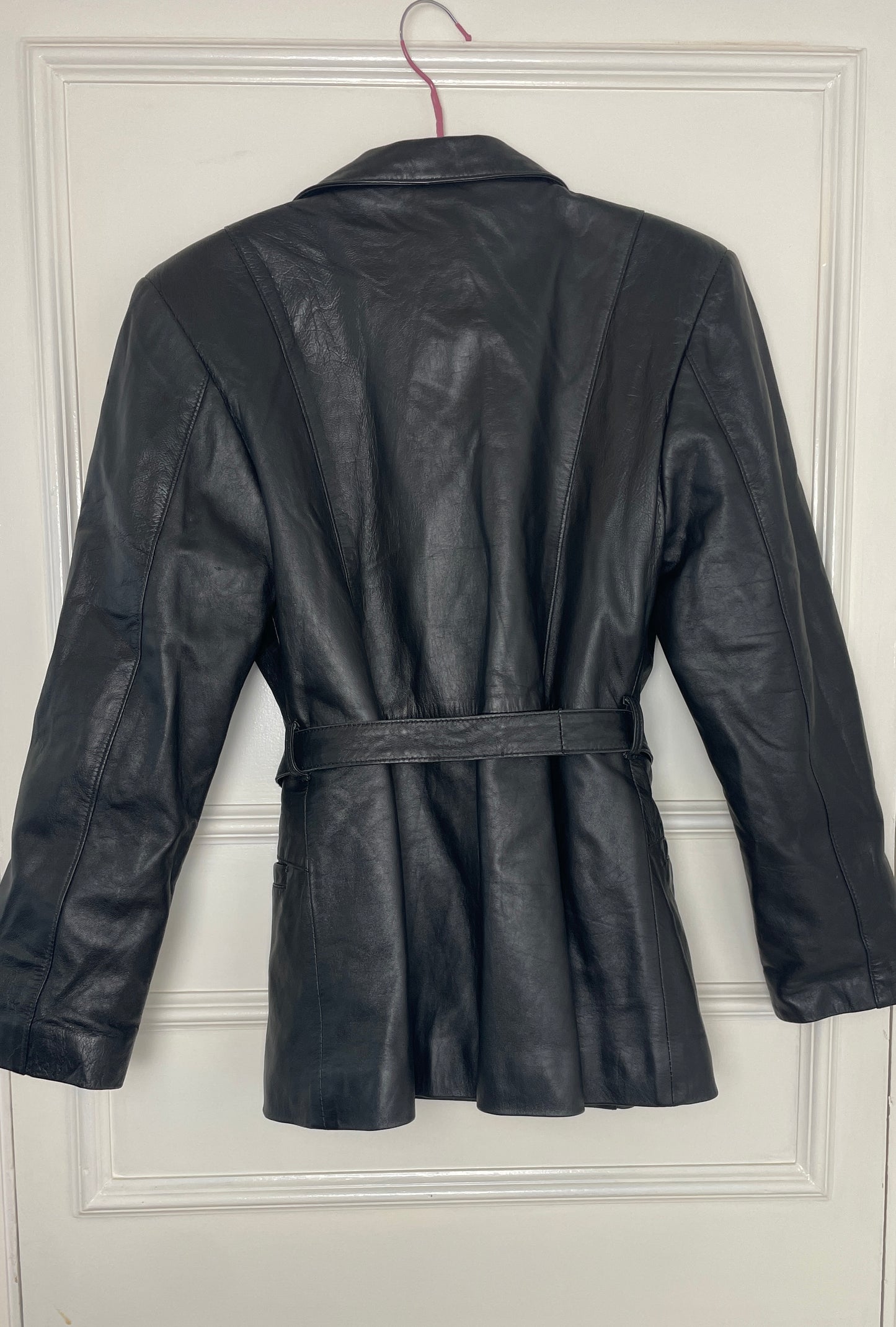 Vintage 90s Black Long Leather Jacket with Belt - Size 12