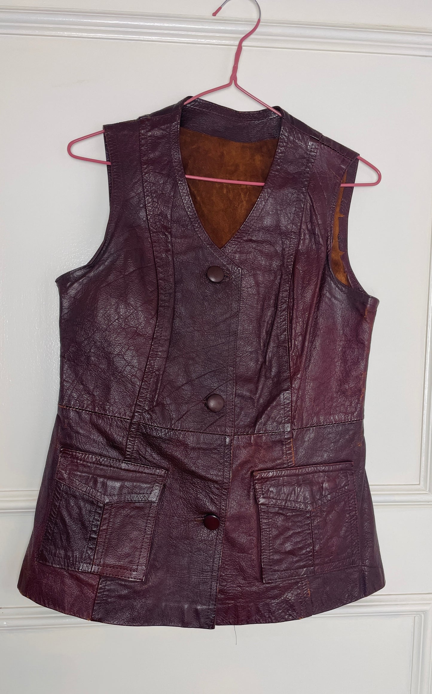 Vintage 90s Long Burgandy Leather Sleeveless Waistcoat - Size 10
